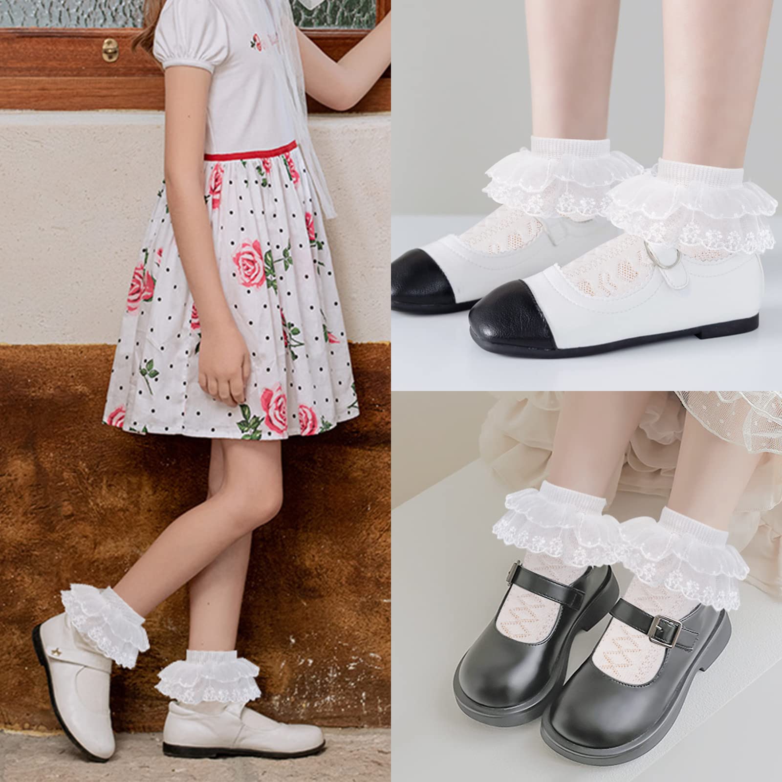 5 Pairs Toddler Baby Girls Ruffle Lace Socks - Eyelet Mesh Cotton Frilly Ankle Soft Dress Socks for Kids 2-13T - Perfect for Princess Costumes, Parties & Special Occasions
