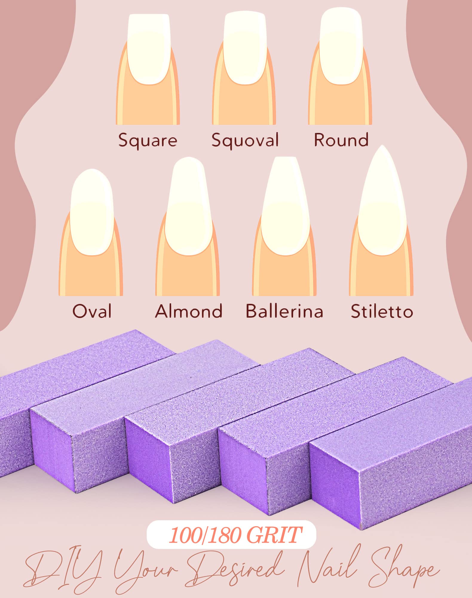Professional Maryton Nail Buffer Block Kit - 3-Way Medium/Fine 100/180 Grit Buffers for Acrylic & Gel Polish Nails - Pedicure & Manicure Tools (5-Pack, Purple) - Perfect for Salon & Home Nail Care
