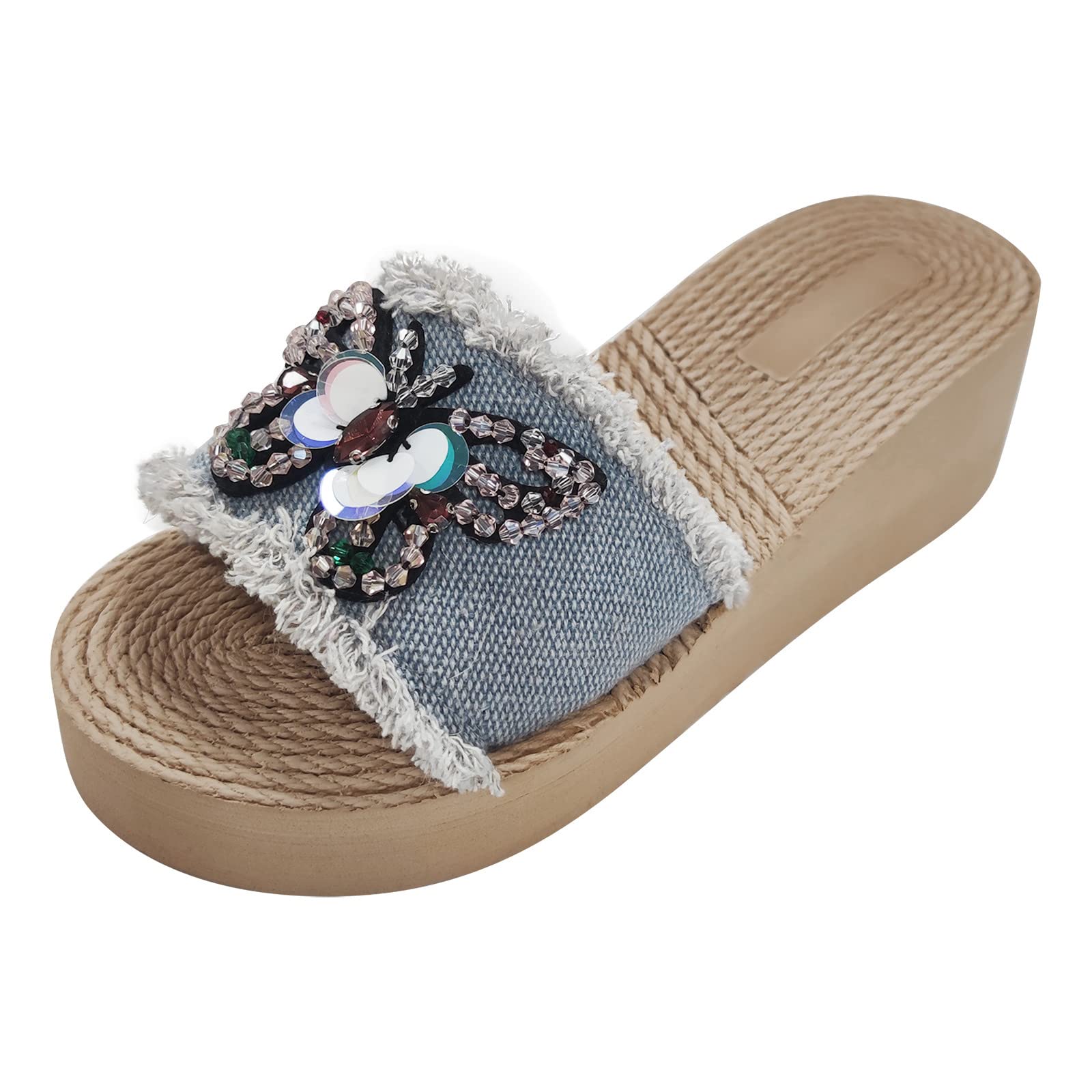 Women's Linen Wedge Sandals - Comfortable Summer Denim Cross Strap Sandals with Sequins for Beach, Vacation & Casual Outings