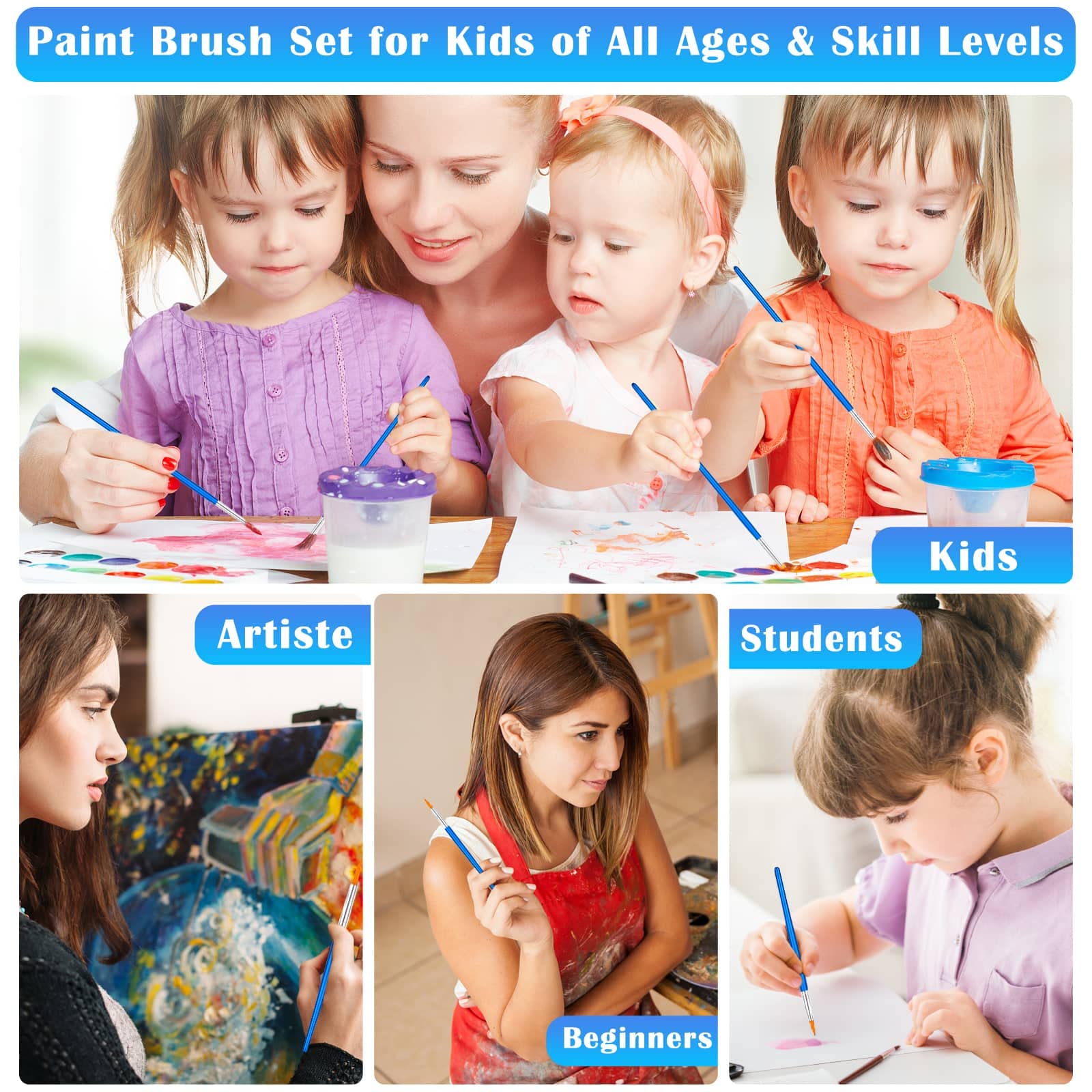 50Pcs Round Paint Brushes Bulk Set - Small Artist Brushes for Kids & Adults - Acrylic, Watercolor, Oil Painting & Crafts - Perfect for Classroom, Canvas, Face Painting & DIY Art Projects