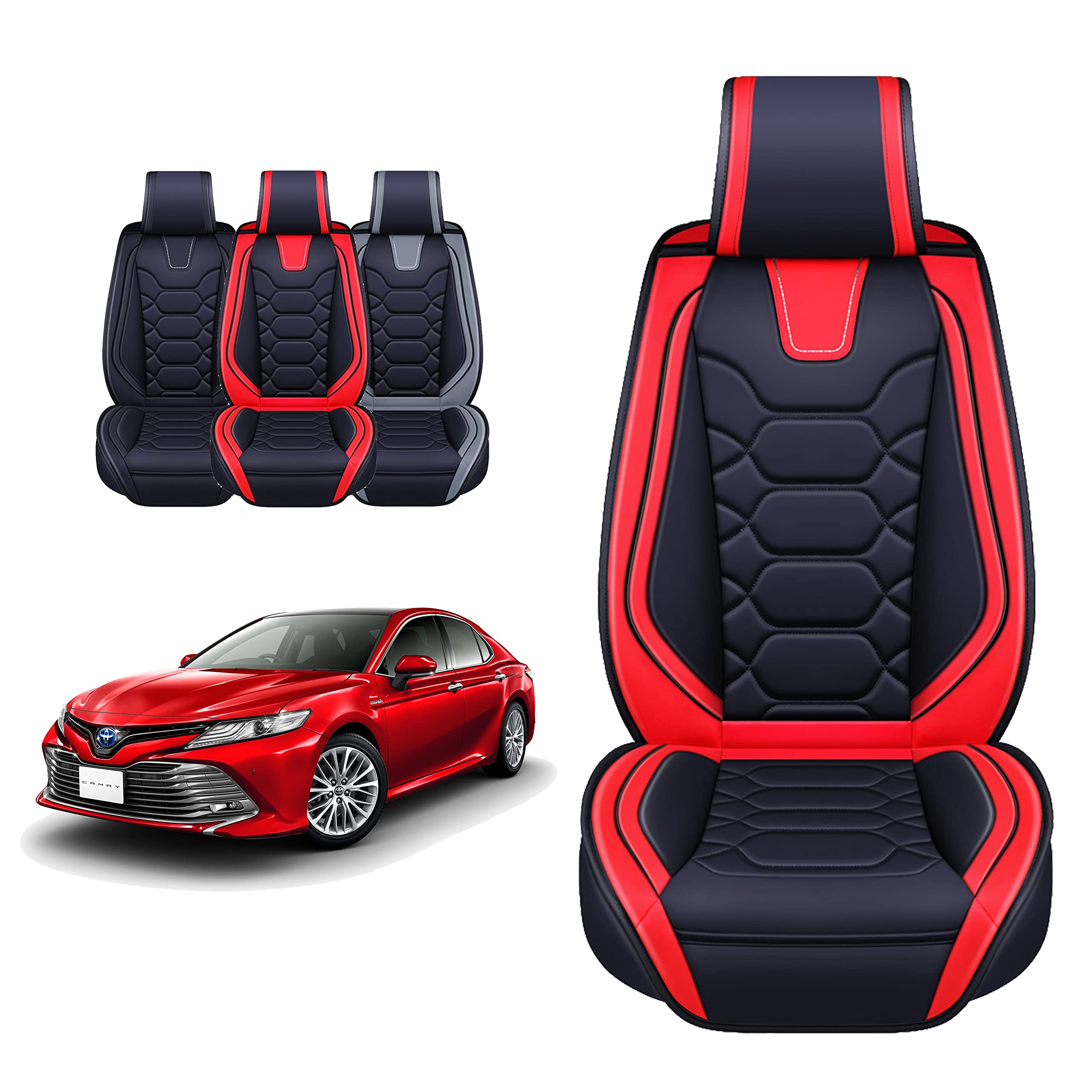 Custom Fit Waterproof Faux Leather Seat Covers for 2012-2025 Toyota Camry - Full Set Red Car Seat Protectors | Perfect for Daily Commuting, Road Trips & Protecting Your Car Interior