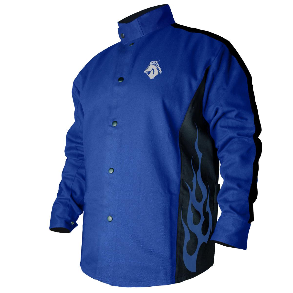 Black Stallion FR Welding Jacket - Flame Resistant Blue with Blue Flames Design BXRB9C - Ideal for Metalworking, Welding & Industrial Safety Protection