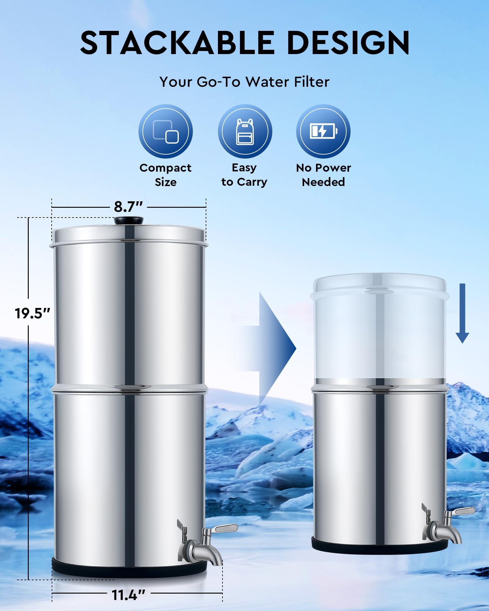 CO-Z 2.25 Gallon Gravity-Fed Water Filter System - Countertop Stainless Steel Water Purifier with 2 Carbon Filters & Spigot | NSF/ANSI 42 Certified | Perfect for Home, Office, Camping & Emergency Preparedness