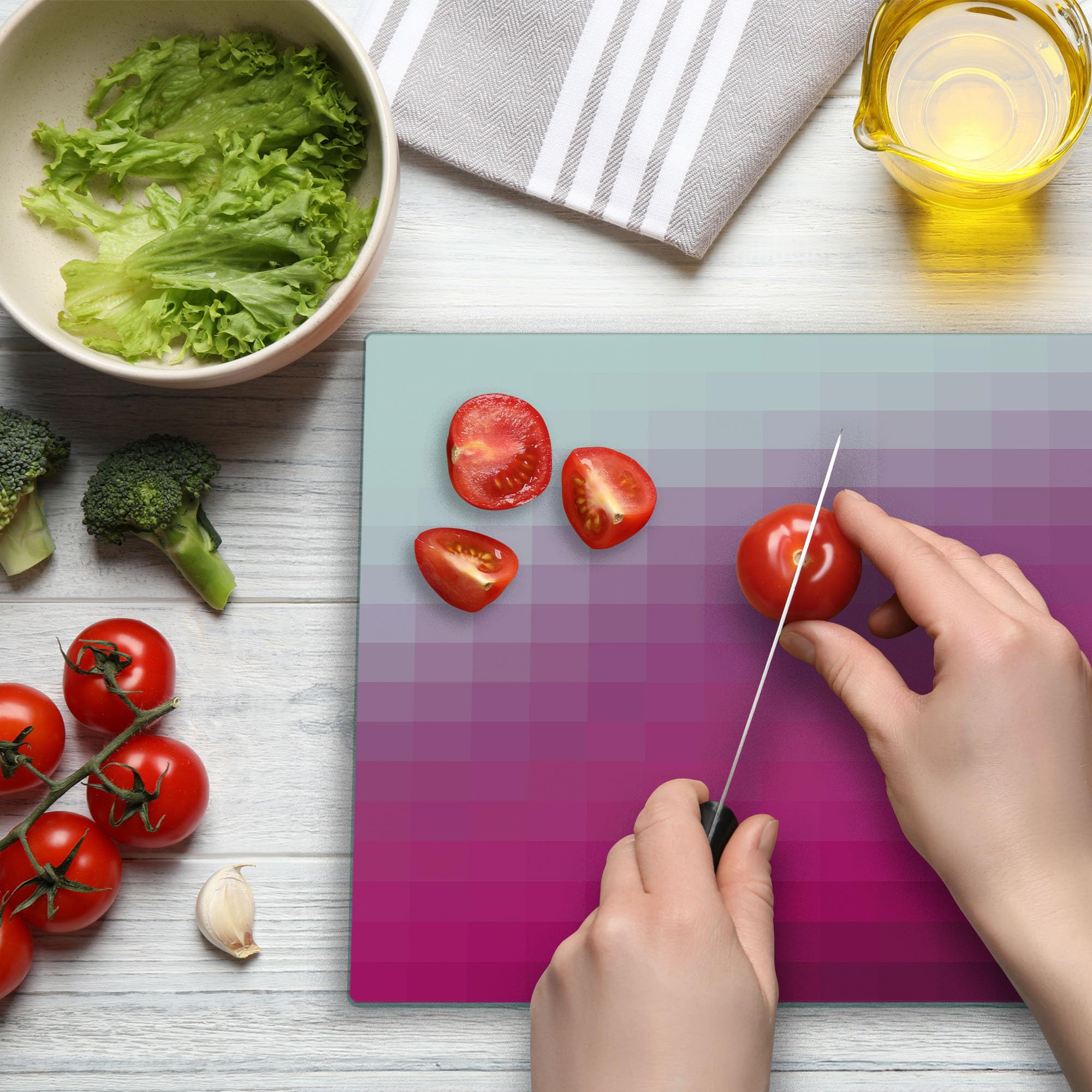 Ambesonne Hot Pink Tempered Glass Cutting Board - Modern Mosaic Ombre Design, Large Decorative Serving Board for Kitchen, Dining & Entertaining - Hot Pink, Dark Purple & White