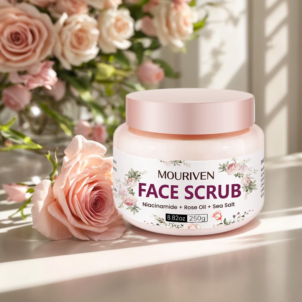 Niacinamide Exfoliating Face & Body Scrub with Rose Oil & Sea Salt - Hydrating & Smoothing Scrub for Women, Sensitive Skin Care - 8.82oz - Perfect for Valentine's Day Gifts & Daily Skincare Routine
