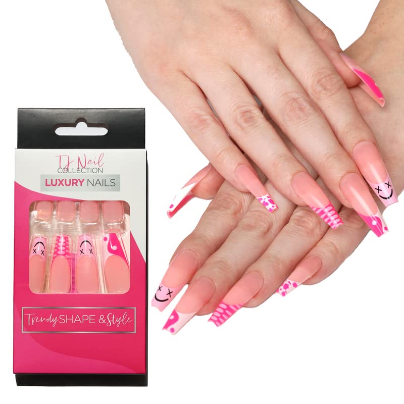 24-Piece Long Press on Nails for Women - Acrylic Fake Nails Kit with Glue, Stickers, Nail File & Cuticle Stick (Pink Smiley Face Design) - Perfect for Parties, Weddings & Daily Wear