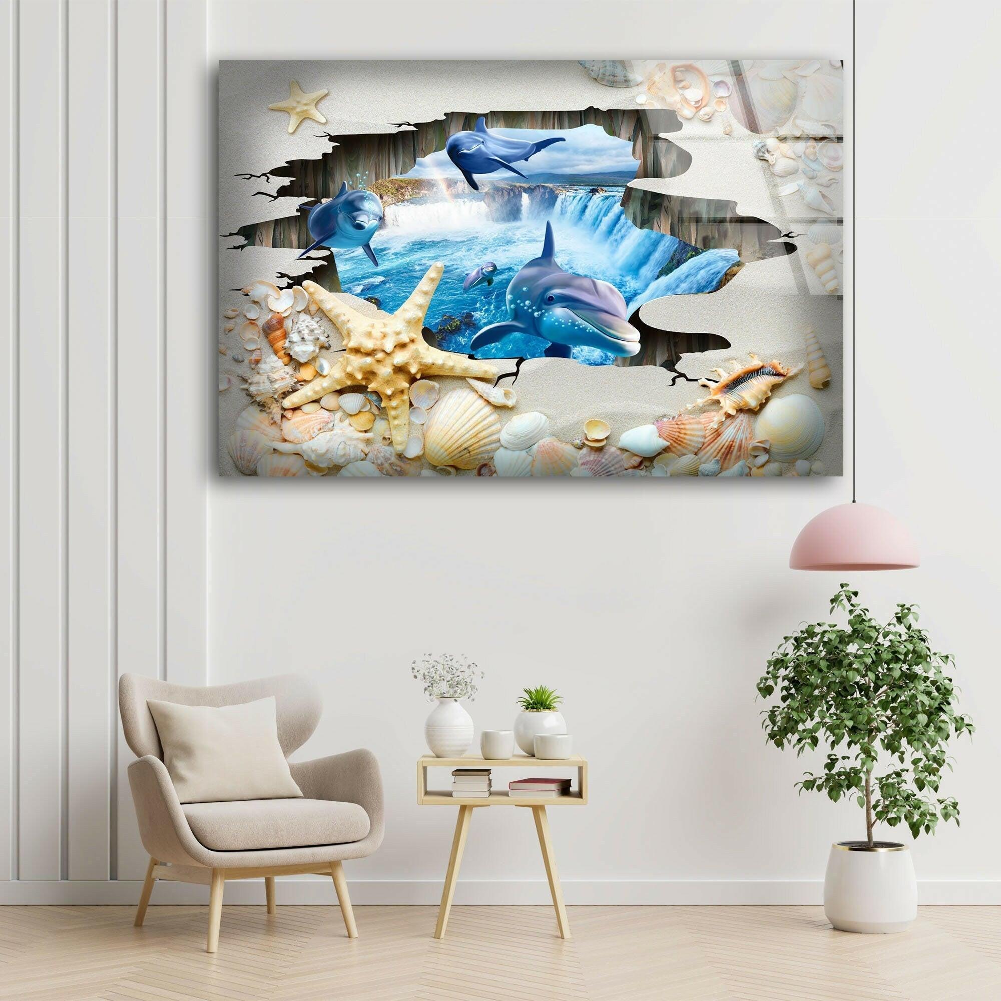 3D Dolphins Glass Wall Art - Ocean Themed Home Decor for Living Room, Bedroom & Office - Stunning Handmade Sea Life Mural with LED Backlighting