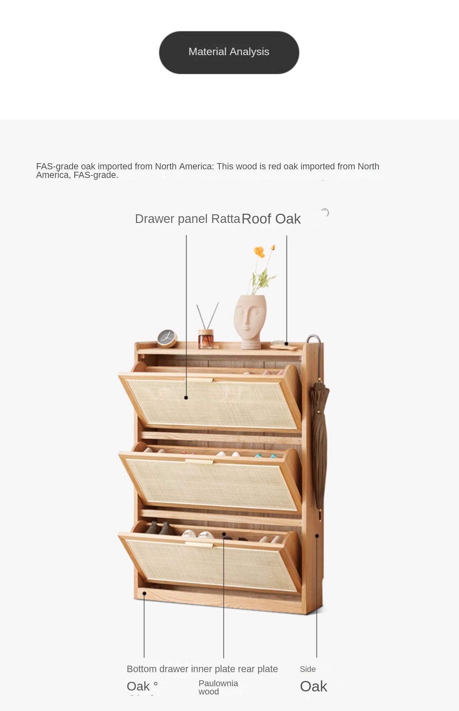 Oak Solid Wood Ultra Thin Flap Door Rattan Shoe Cabinet - Space Saving Entryway Storage Organizer for Hallway, Closet & Mudroom
