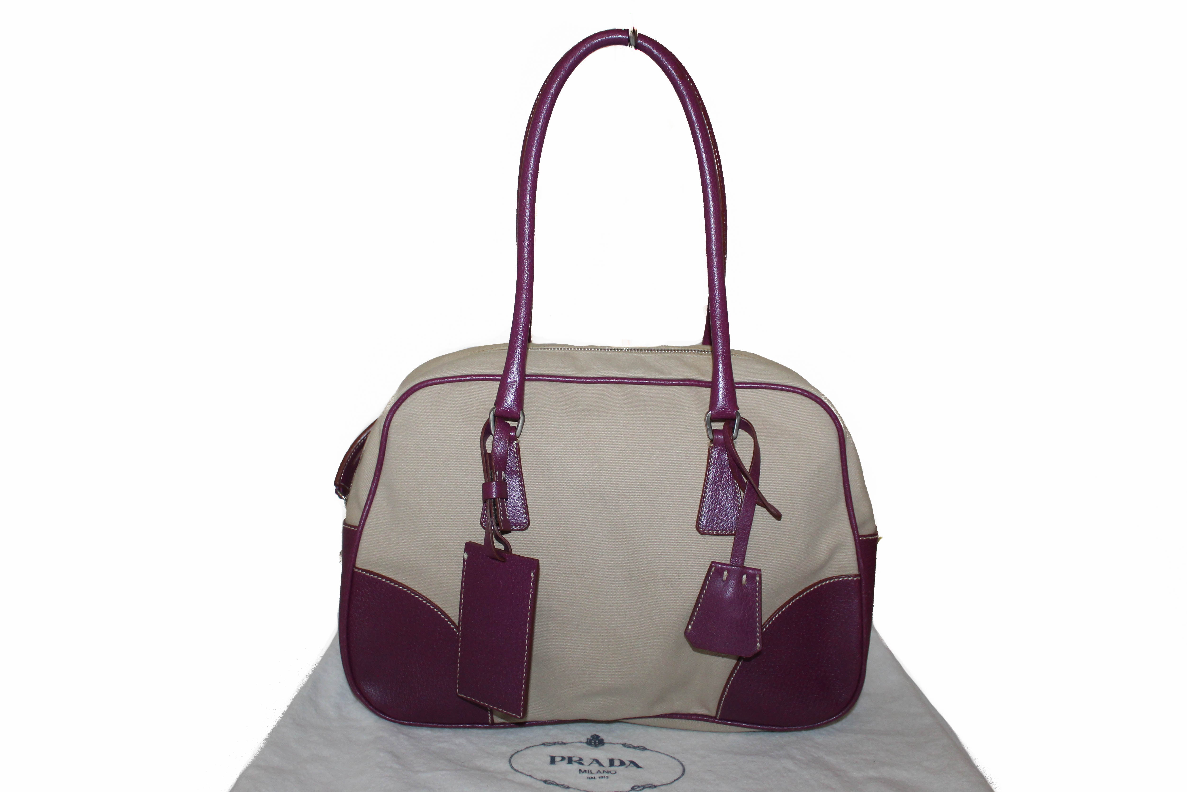 Authentic Prada Beige Canvas & Burgundy Leather Canapa Bowling Shoulder Bag for Women | Luxury Designer Handbag for Work, Travel & Everyday Use