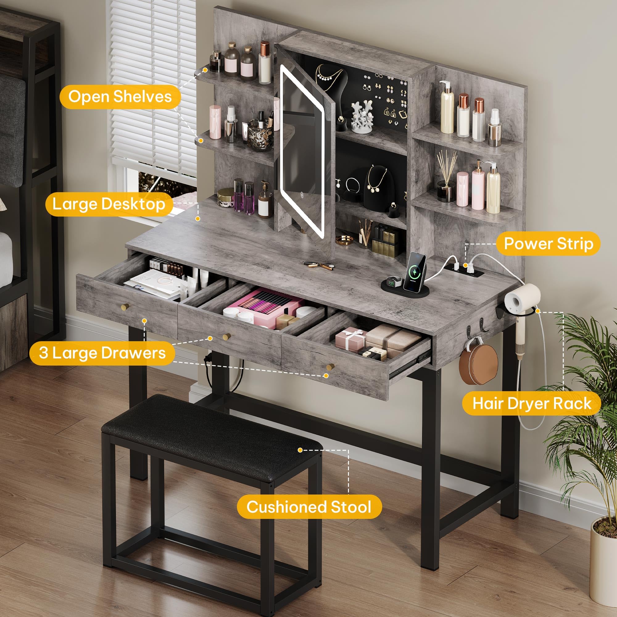 DWVO Vanity Desk with LED Lights Mirror & Power Outlet - Adjustable 3 Lighting Modes, Dressing Table Set with Chair & Hidden Storage - Makeup Vanity Desk with Stool, 3 Drawers for Bedroom, Home Office, Salon (Upgraded Grey)