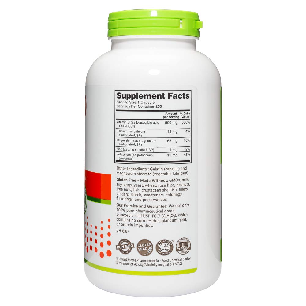 NutriBiotic Buffered Vitamin C 500mg, 250 Capsules | Pharmaceutical Grade Vitamin C Supplement with Calcium, Magnesium, Potassium & Zinc for Immune Support, Antioxidant & Collagen Production | Non-GMO, Gluten Free | Daily Wellness & Skin Health Boost