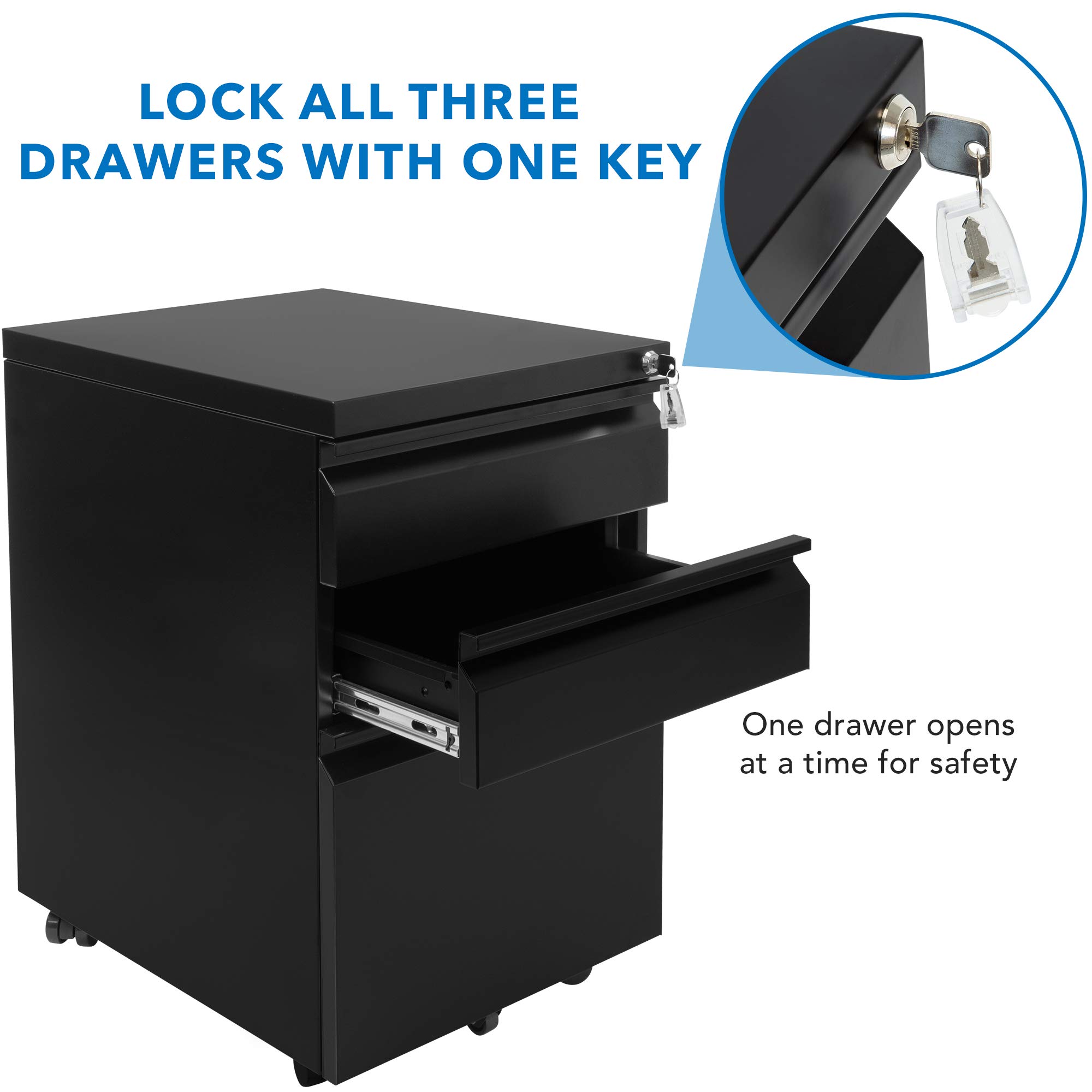 Mount-It! 3-Drawer Locking File Cabinet on Wheels - Black Under Desk Storage Organizer for Legal, Letter & A4 Files | Perfect for Home Office, Small Spaces & Mobile Document Storage