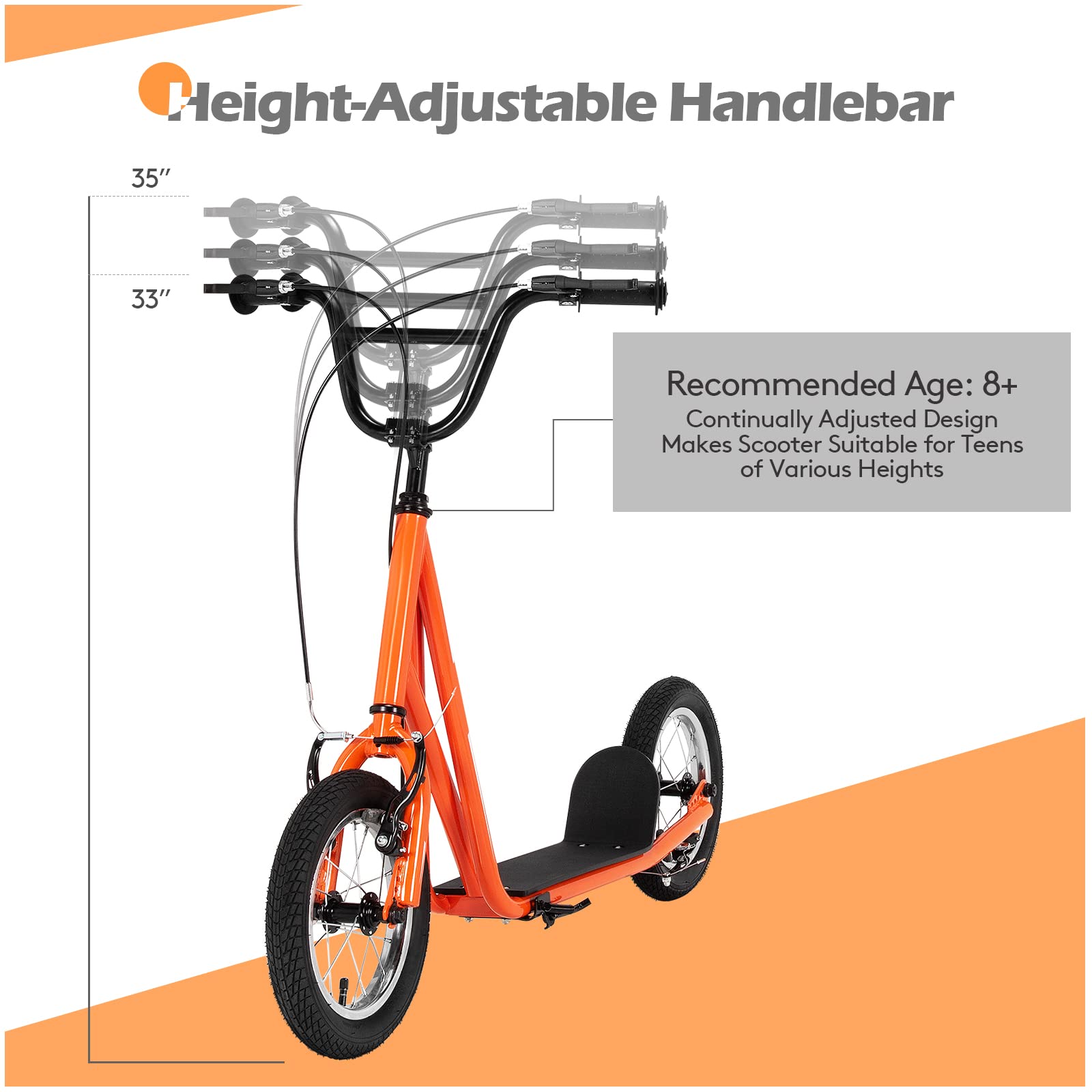 Goplus Youth Kick Scooter for Kids & Adults - 12-Inch Air Filled Wheels, Carbon Steel Frame, Adjustable Handlebar, Front & Rear Dual Brakes - Perfect Ride On Toy for Teens 8+ Years Old - Great for Commuting, School, Park & Outdoor Fun