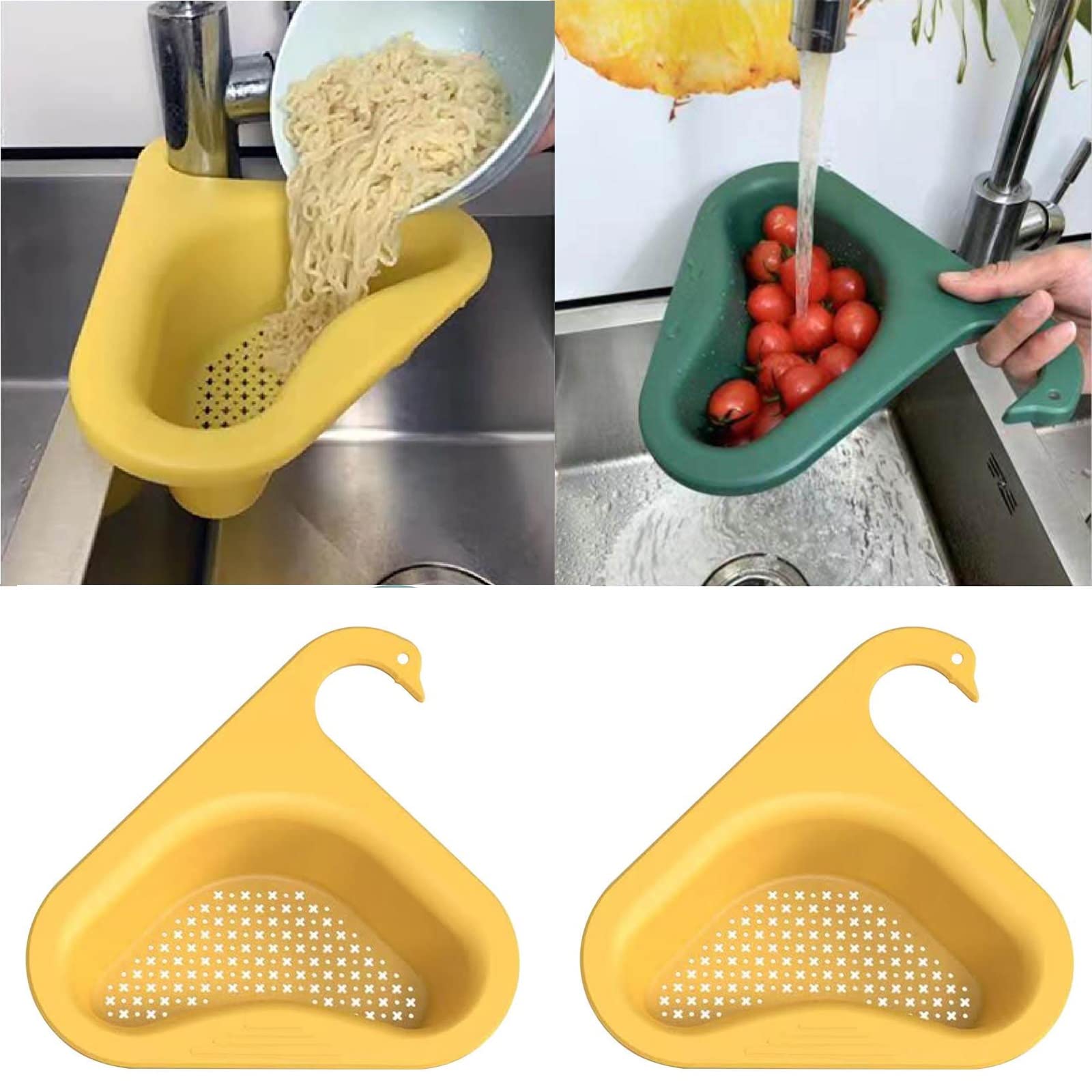 Swan Shape Sink Basket, 2 Pack Kitchen Sink Drain Filter with Hanging Hook, Multi-Functional Stainless Steel Strainer for Draining Fruits, Vegetables & Dishes - Perfect for Small Kitchen, RV & Camping Use (Yellow)
