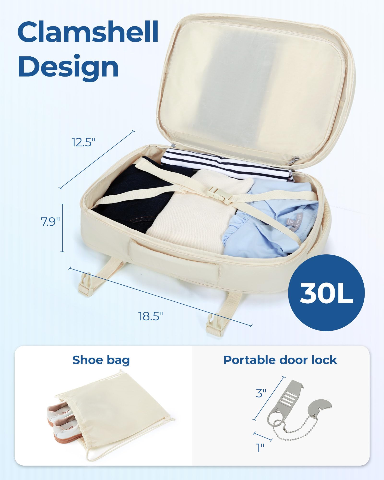 BAGSMART 30L Travel Backpack - TSA Approved Carry On Backpack with Laptop Compartment & Shoe Bag, Anti-Theft Door Lock for Airplane, Business Trip & Commuting - Classic Beige