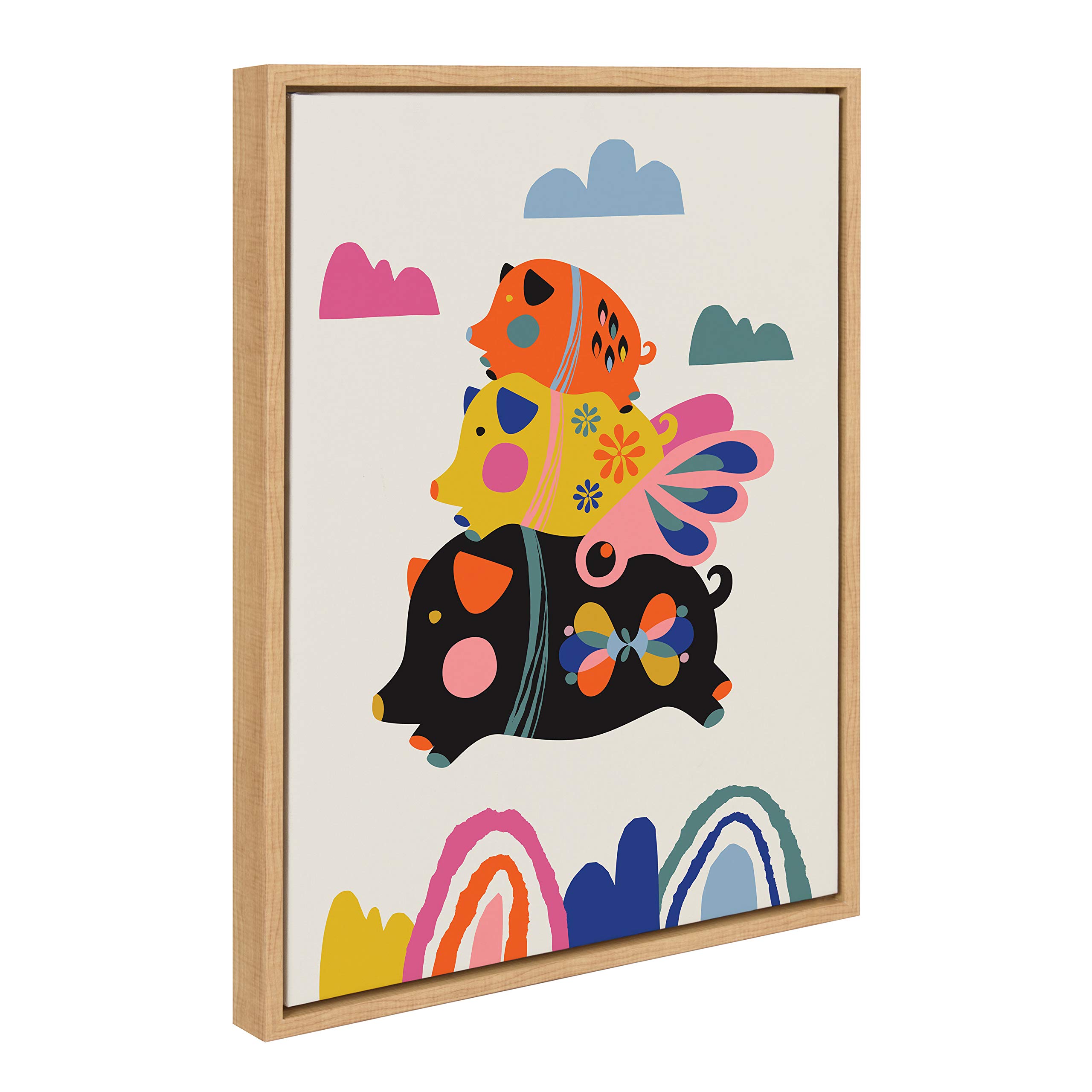 Rachel Lee My Dream Wall Sylvie Flying Pigs Framed Canvas Wall Art - 18x24 Inches Natural Abstract Animal Painting for Living Room, Nursery & Office Decor