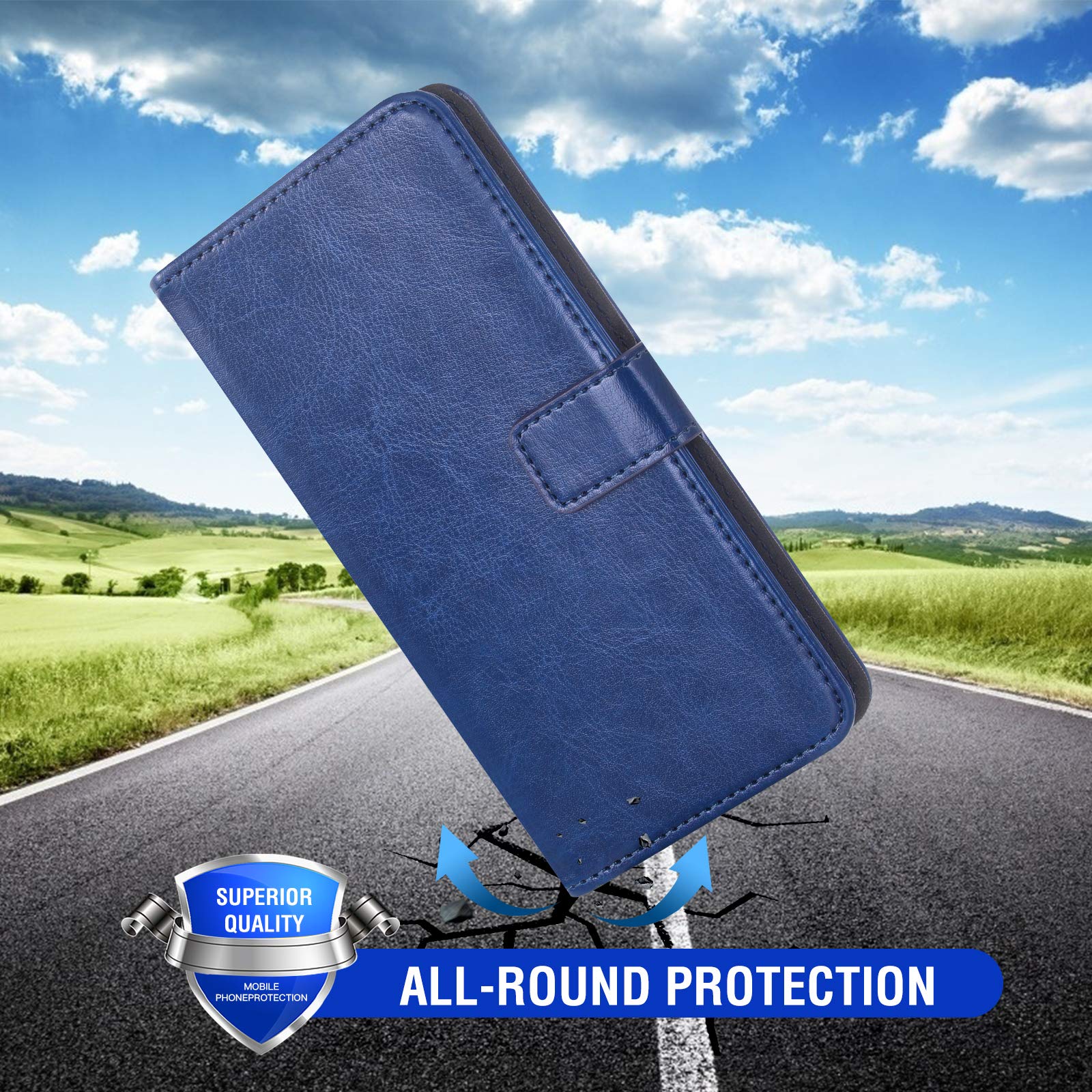 Samsung Galaxy Core Prime Wallet Case with Tempered Glass & Card Holder - Blue for Men & Women | Perfect for Work & Travel