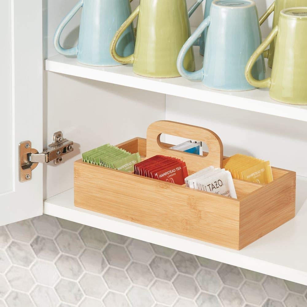 Natural Bamboo Organizer with Handle - 6 Compartments for Kitchen, Bathroom, Cosmetics, Crafts & Office Supplies | Perfect for Home Organization & Storage Solutions