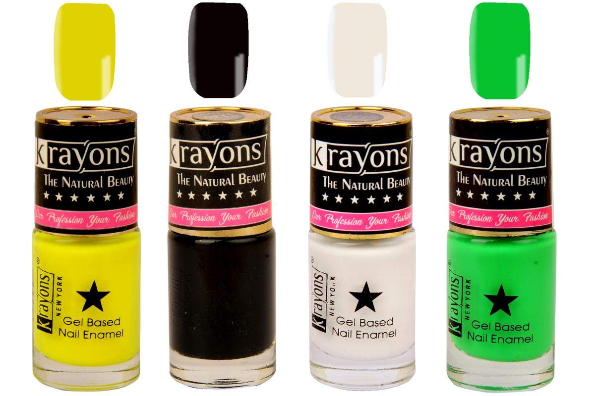 Krayons Gel Base Glossy Effect Nail Polish Set of 4 Trendy Colors (White Canvas, Black Sea, Neon Yellow, Neon Green) - 24ml Fast Drying, Non-Toxic Nail Enamel for Women, Teens & Kids - Perfect for Manicures, Pedicures, Nail Art & Salon Use