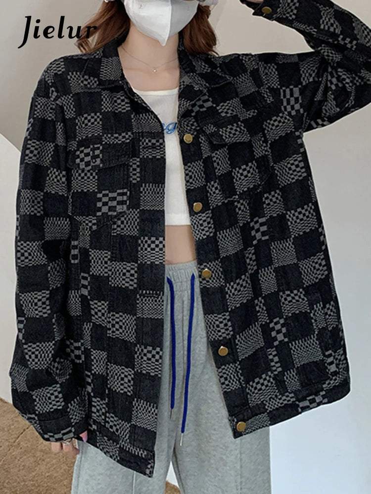 Stylish Women's Autumn Korean Fashion Denim Jacket - Loose Fit Retro Blue Black Plaid Checkerboard Coat for Casual Outings and Layering