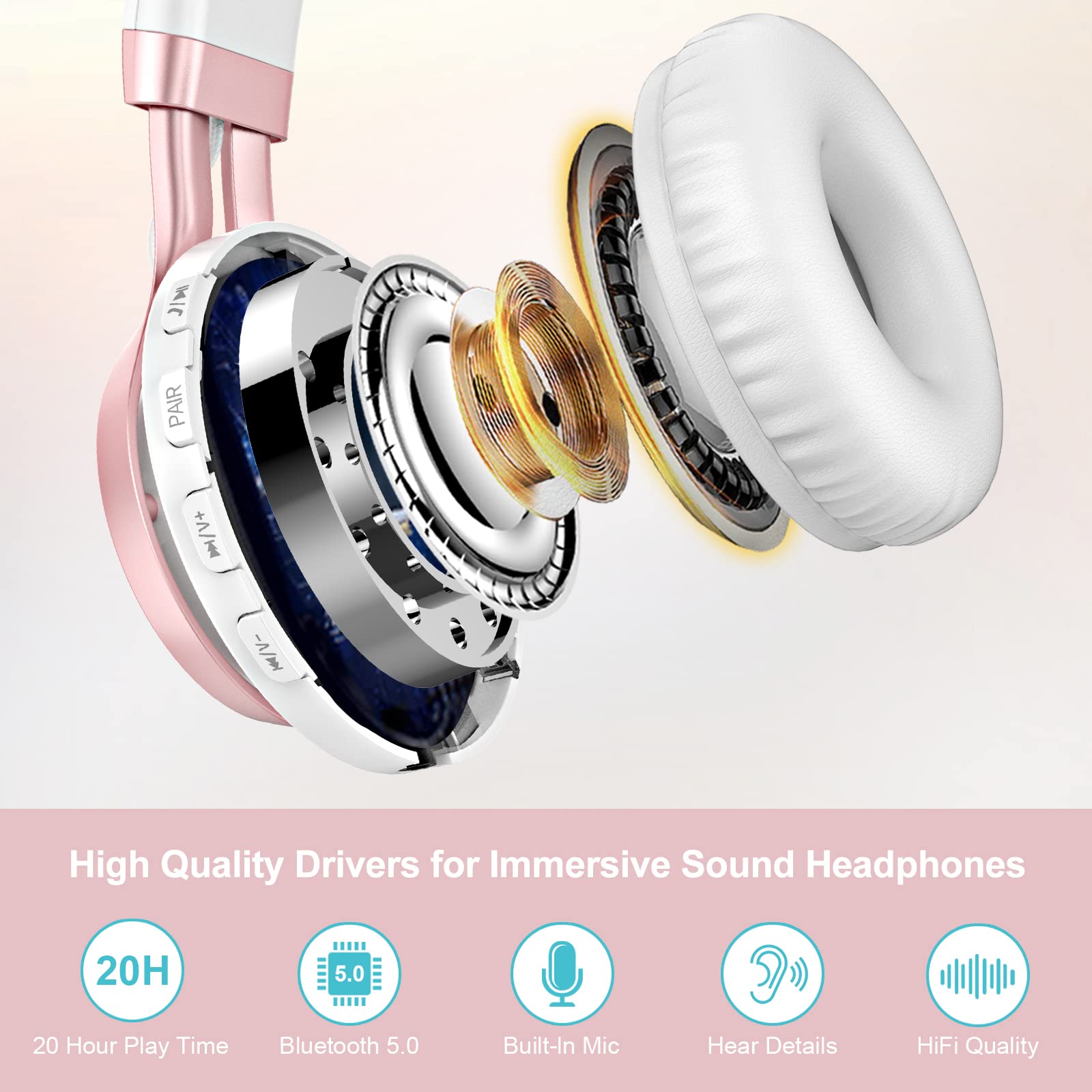 BASEMAN Wireless Over Ear Headphones with Microphone - 50H Playtime, Deep Bass Bluetooth Headphones for iPhone, Computer, Gaming, Travel - Comfortable Noise Cancelling Headset for Women, Teens (White Rose Gold) - Perfect for School, Commuting & Work from Home