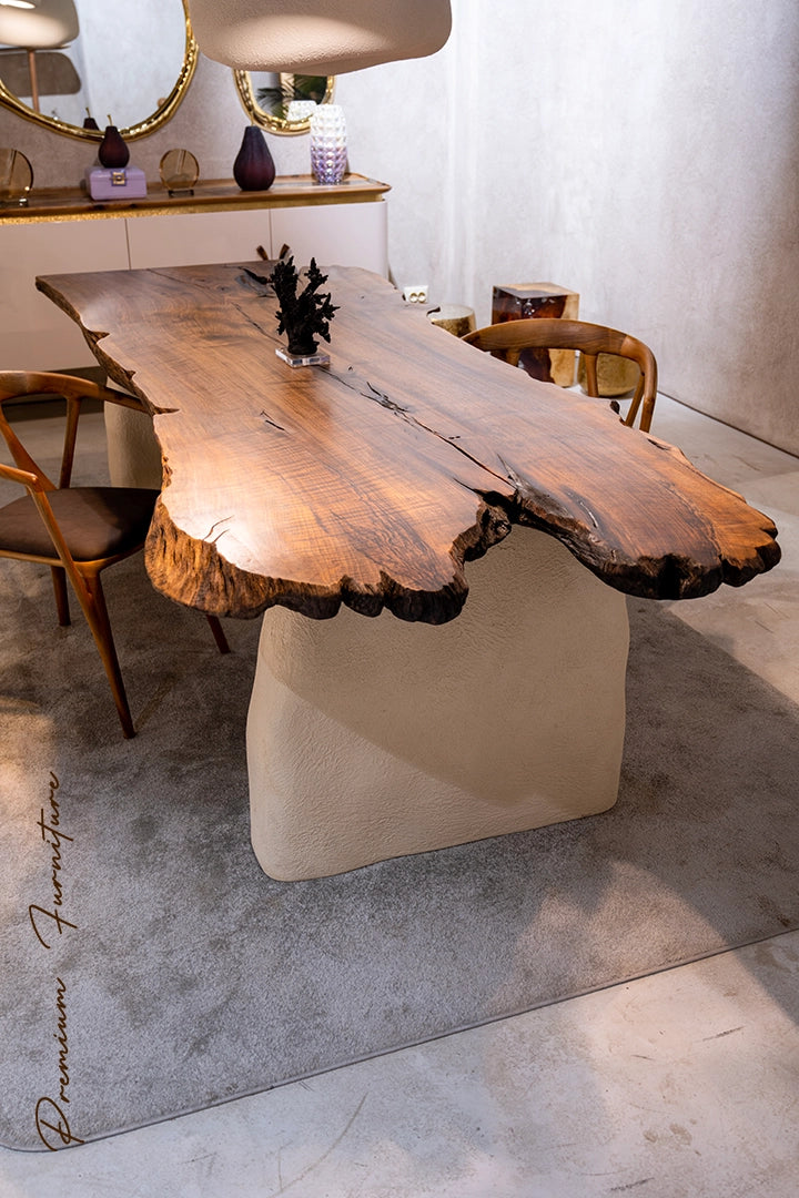 Luxury Solid Wood Walnut Dining Table with Stone-Inspired Legs - Wabi Sabi Style Modern Furniture for Living Room, Dining Room & Office