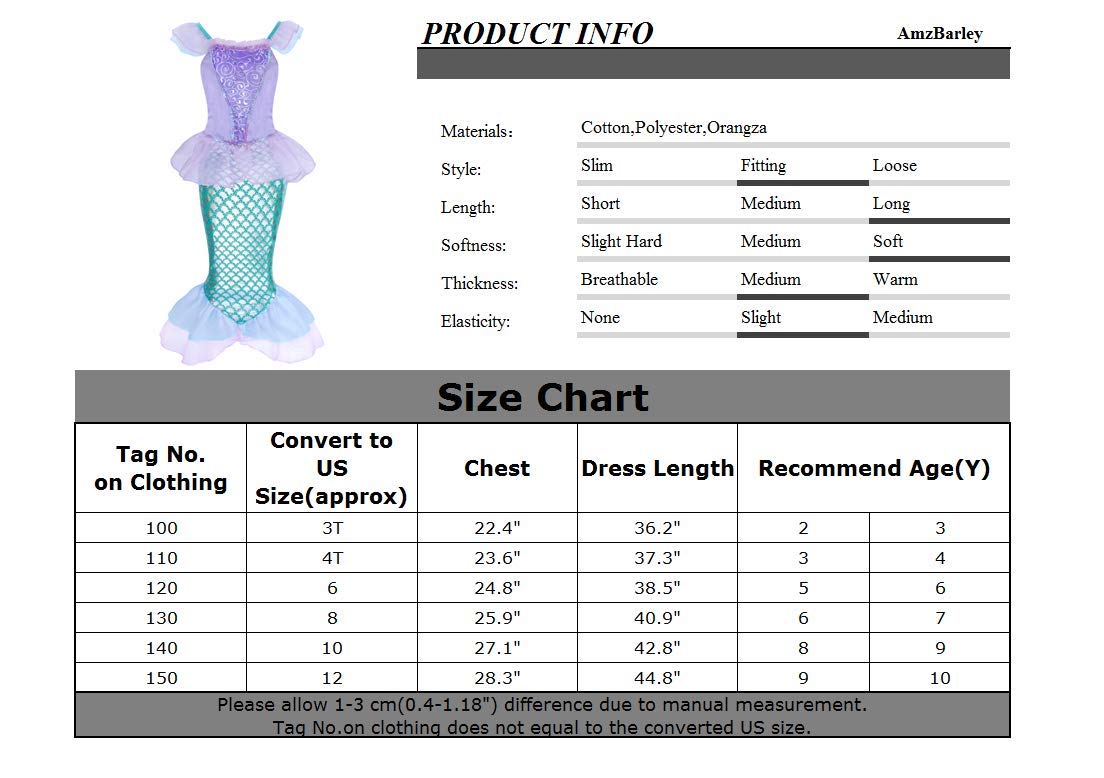AmzBarley Little Girls Mermaid Costume Set - Princess Birthday Party Dress with Accessories | Perfect for Halloween, Christmas & Dress-Up Play