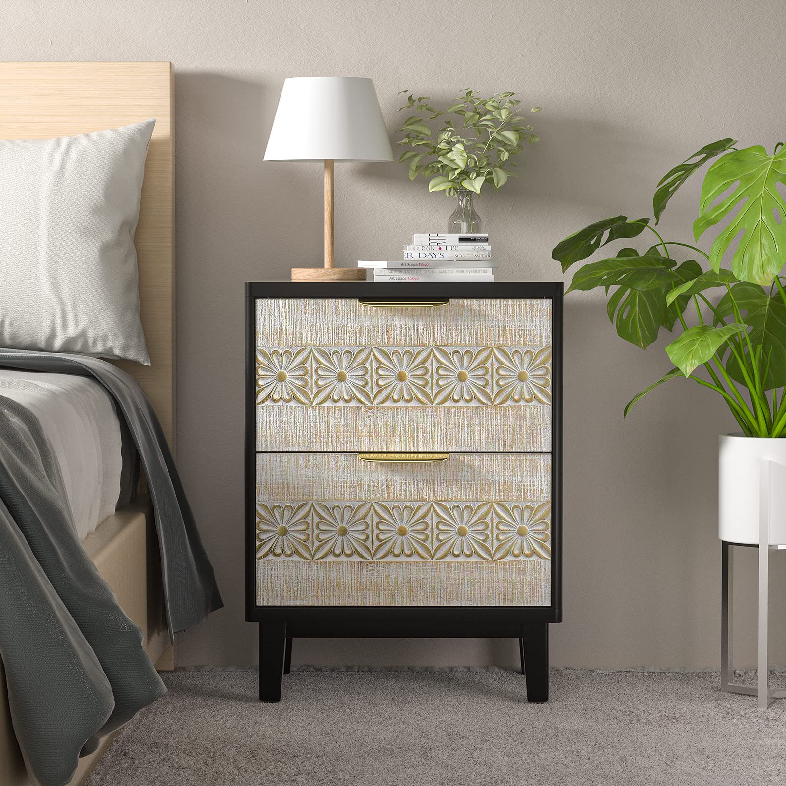 Aoikax Farmhouse 2-Drawer Nightstand - French Country Style Fully Assembled Bedside Table with Hand-Carved Floral Pattern - Natural & Black Finish for Bedroom, Living Room or Guest Room Decor