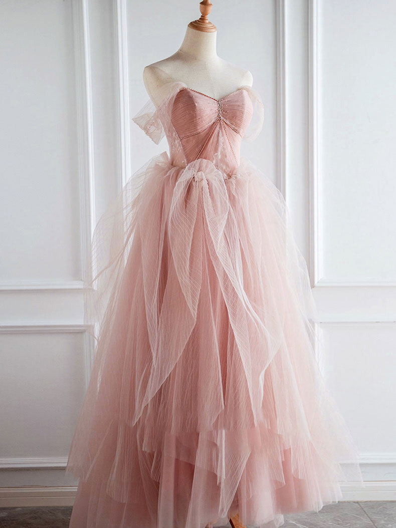 Elegant Pink Sweetheart Neck Tulle Long Prom Dress for Sweet 16 Party, Formal Dances & Special Occasions