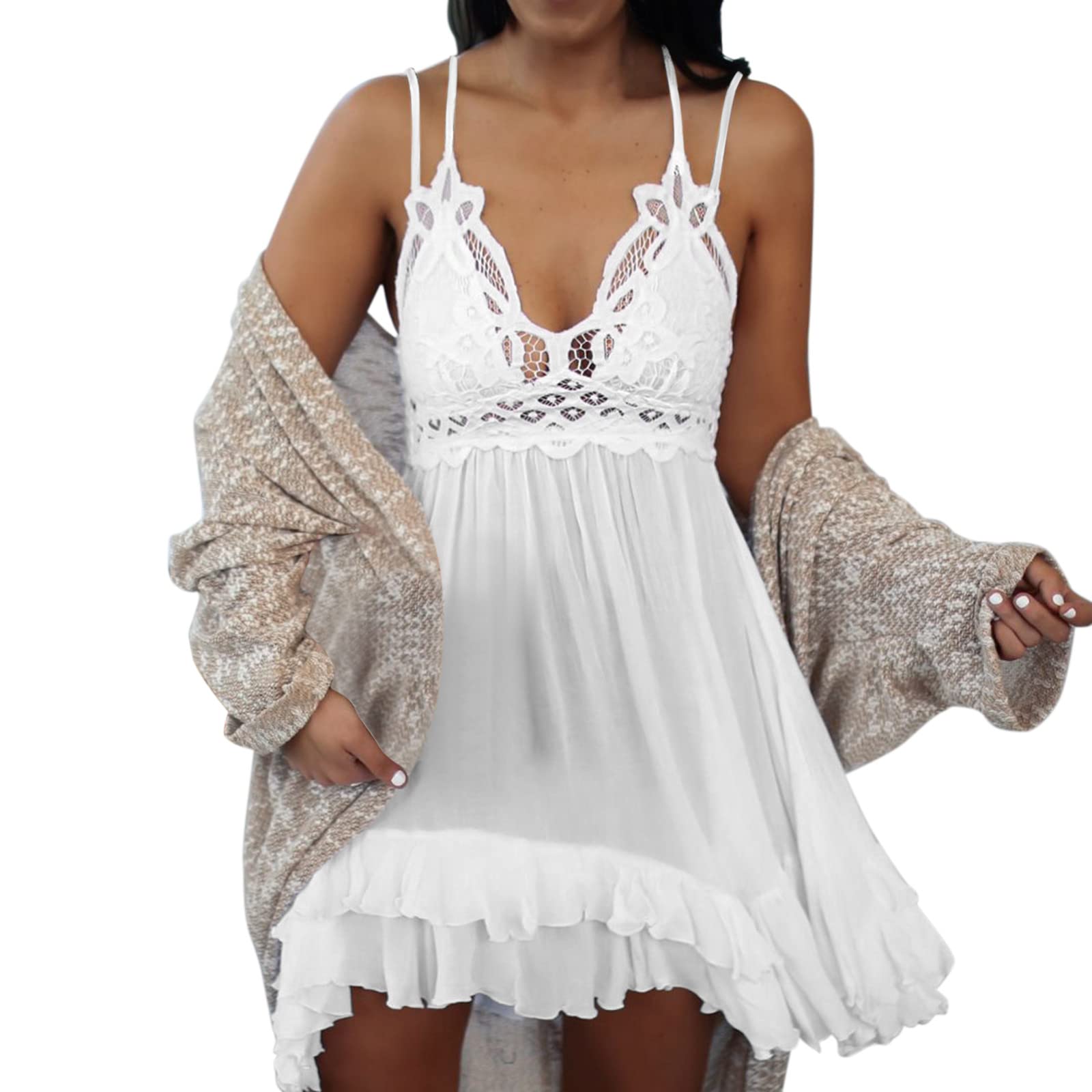 Women's Summer Loose Sleeveless Strapless Floral Print V-Neck Lace Linen Dress - Breathable & Stylish for Beach, Vacation, and Casual Outings