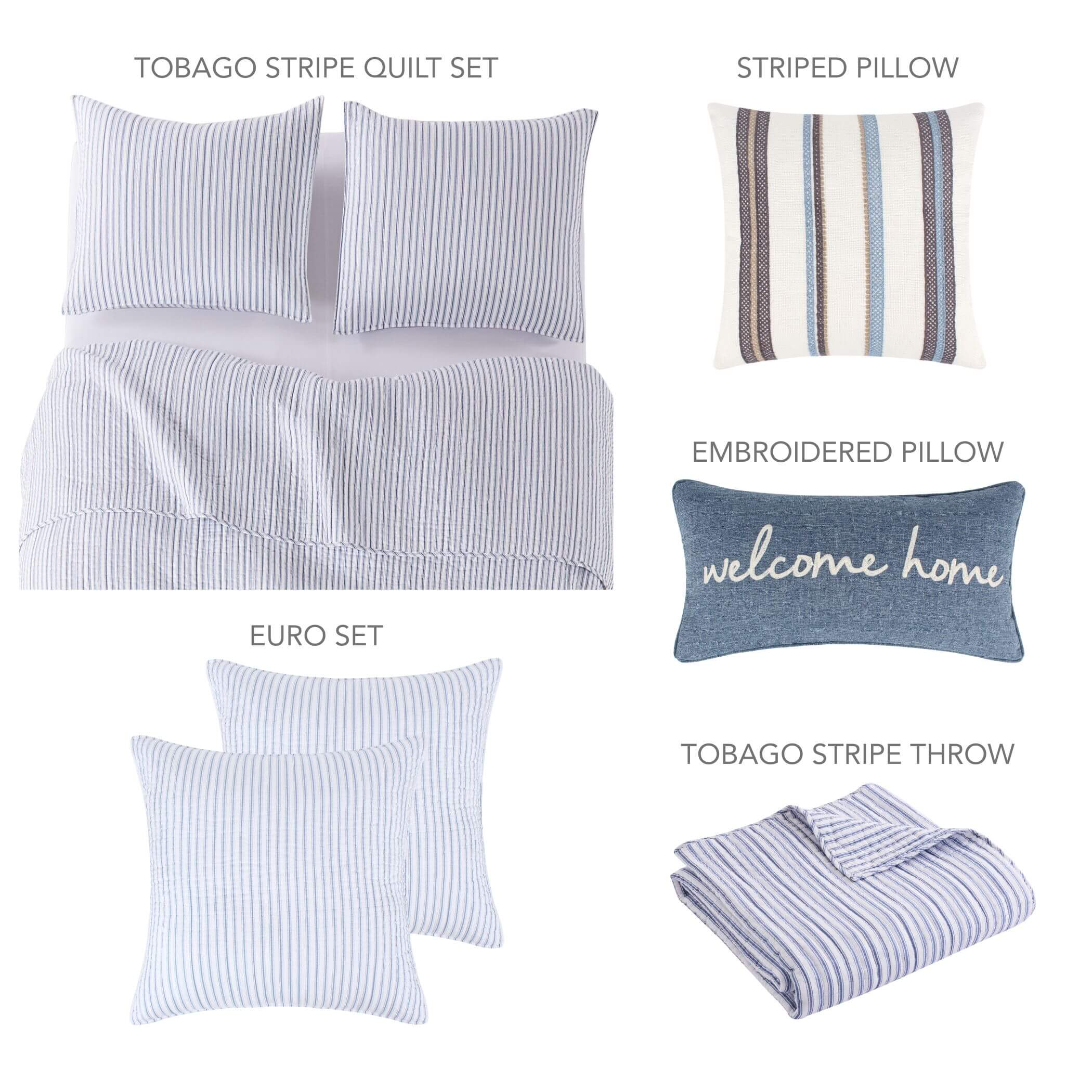 Tobago Stripe Blue Quilt Set - Full/Queen Size Bedding Bundle with Euro Shams (Set of 2), Decorative Pillows (2) & Cozy Throw Blanket | Soft & Breathable Cotton Blend for Bedroom, Guest Room or Vacation Home Decor
