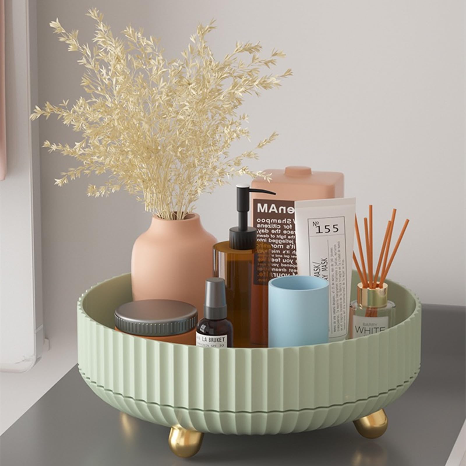 Rotatable Storage Box with Handle - Large Capacity Round Plastic Organizer Tray for Kitchen, Makeup, Office & Bathroom Storage (Light Green) | Portable & Space-Saving Home Organization Solution
