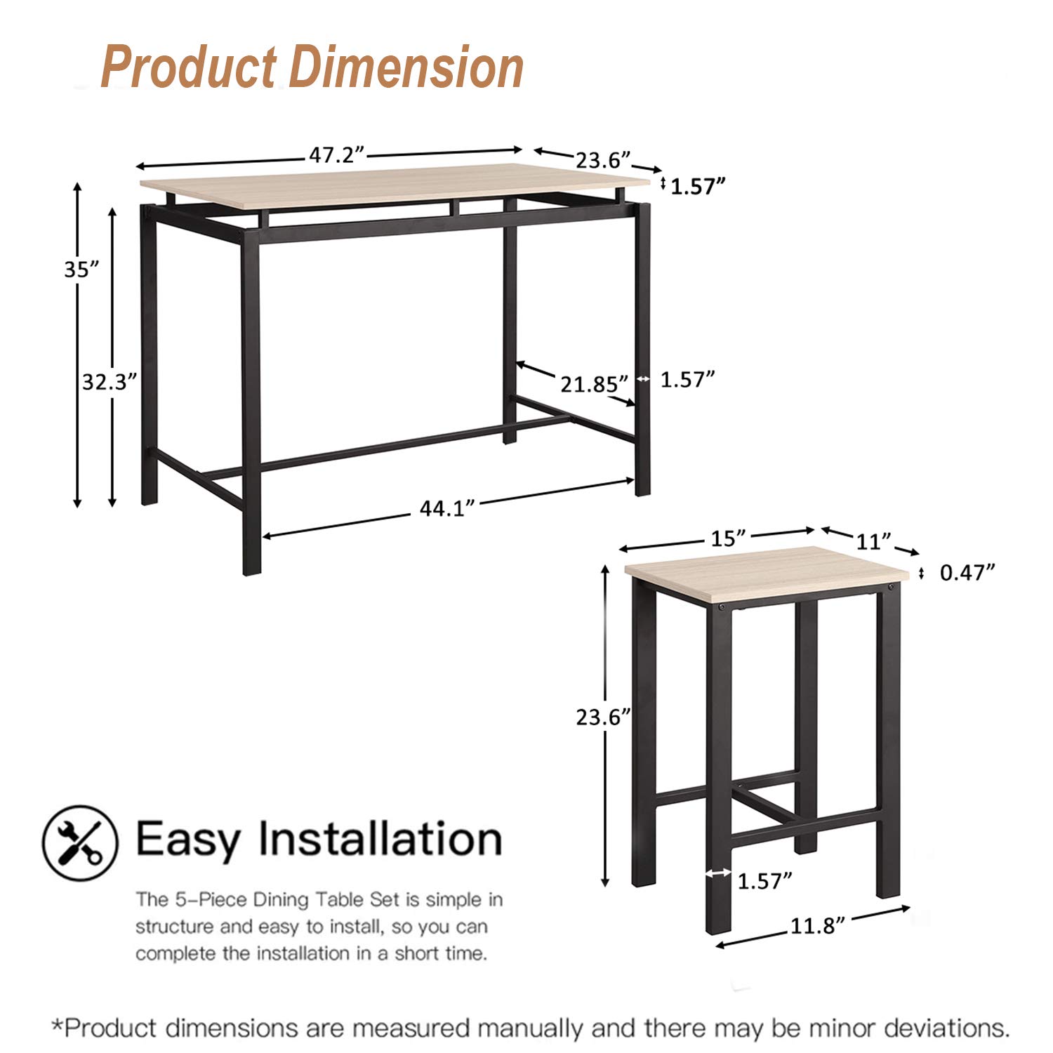 5-Piece Modern Counter Height Bar Dining Set - Wooden Kitchen Table & 4 Chairs with Metal Legs - Space-Saving Breakfast Nook Set for Small Homes & Apartments - Perfect for Compact Kitchens, Dining Areas & Morning Coffee Spaces