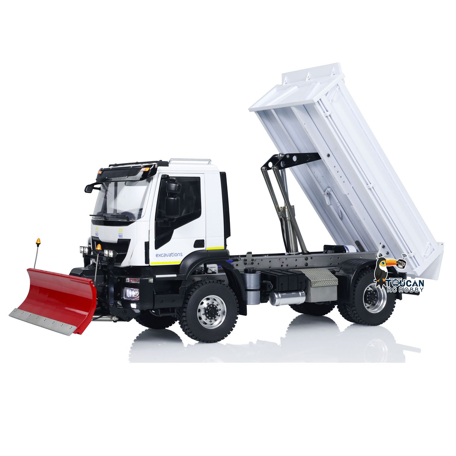 1/14 Scale 4x4 Metal RC Hydraulic Dumper Truck with Snow Blade - Remote Control Tipper Car with Realistic Sound, LED Lights, Pre-Assembled & Painted Body, ESC & Servo - Perfect for Construction Play, Snow Removal & Off-Road Adventure