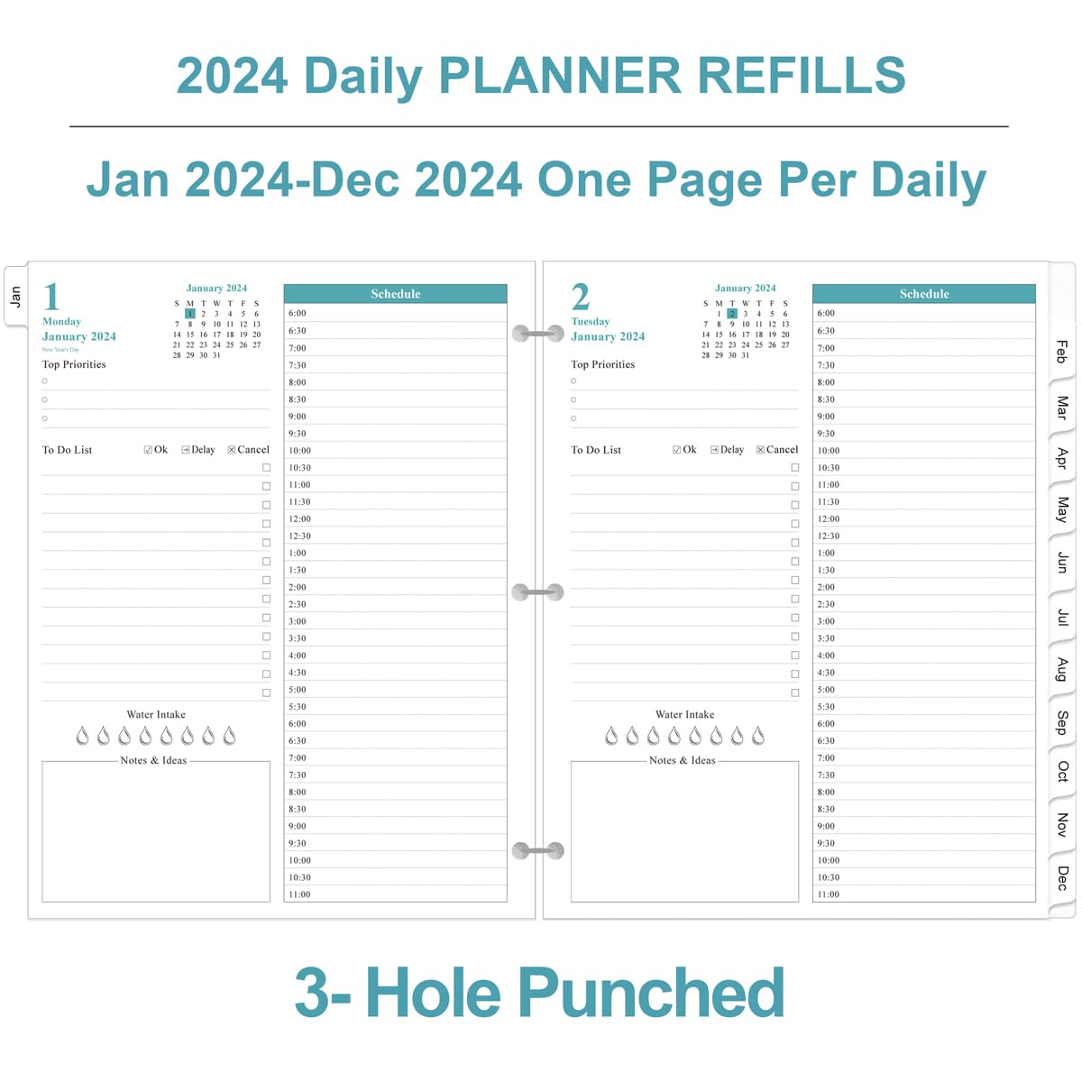 2025 Daily & Monthly Planner Refill Pages - One Page Per Day with Prioritized To-Do List, Notes & Appointment Schedule | 3-Hole Punched for Binders | January-December 2025 | Folio Size 8.5
