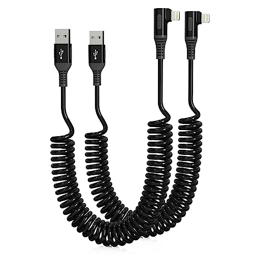 90 Degree Right Angle iPhone Charger Cable [MFi Certified] for Apple CarPlay - Short Coiled USB to Lightning Cable (2 Pack) - Perfect for Car, Home & Office Use