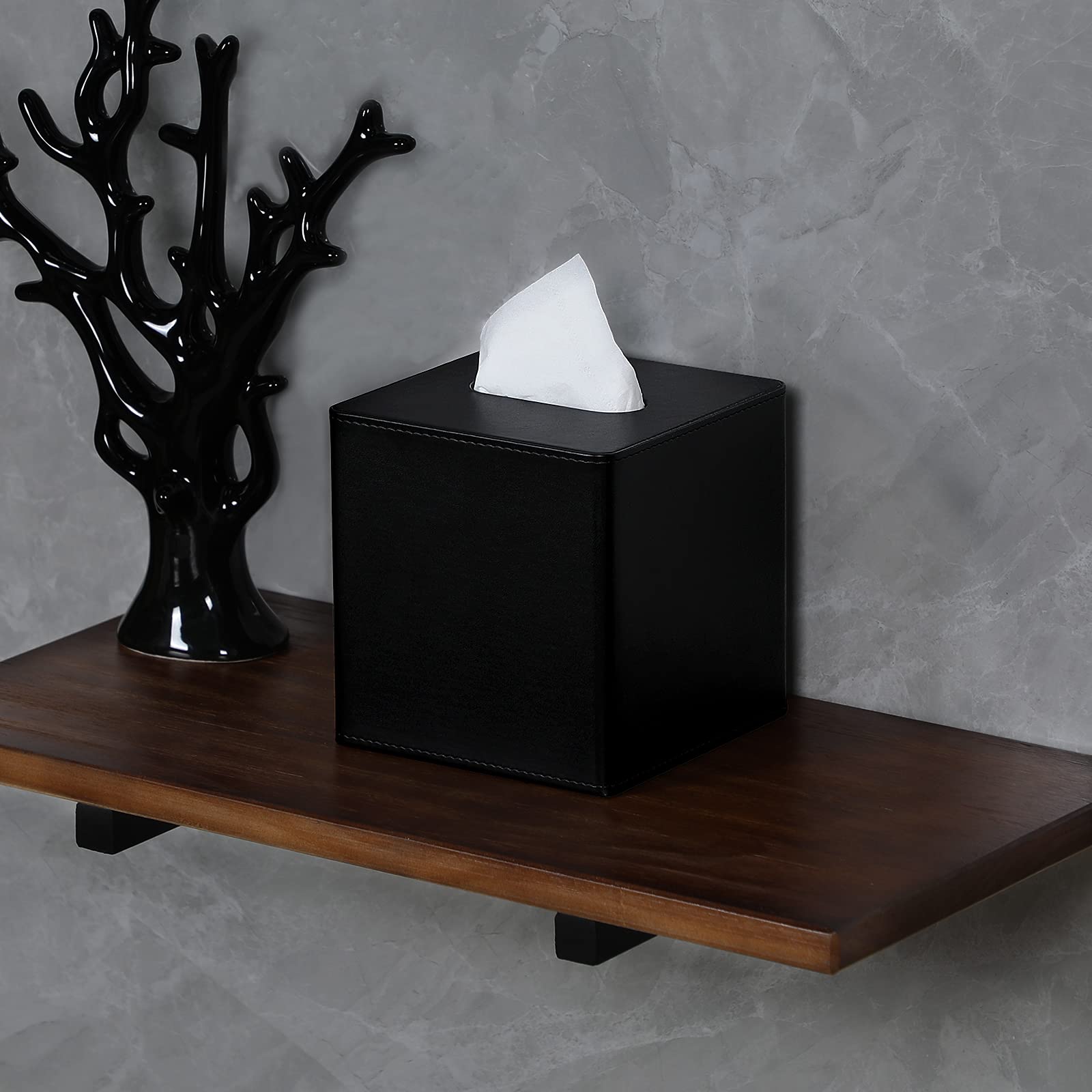 Square PU Leather Tissue Box Cover - Black Decorative Holder for Facial Tissues | Dresser & Bathroom Organizer | Perfect for Home, Office & Hotel Decor
