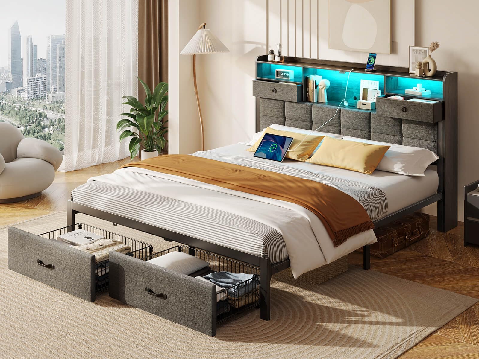 Rolanstar Queen Size Upholstered Platform Bed Frame with Storage Drawers, USB Charging Station & LED Headboard - Heavy Duty Metal Frame, No Box Spring Needed, Noise Free, Grey - Perfect for Modern Bedrooms, Guest Rooms & Small Spaces
