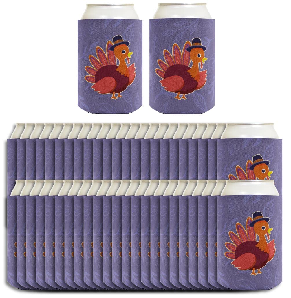 48-Pack Thanksgiving Party Decorations - White Drink Can Coolers with Turkey & Pilgrim Designs for Holiday Gatherings, Family Dinners & Festive Celebrations