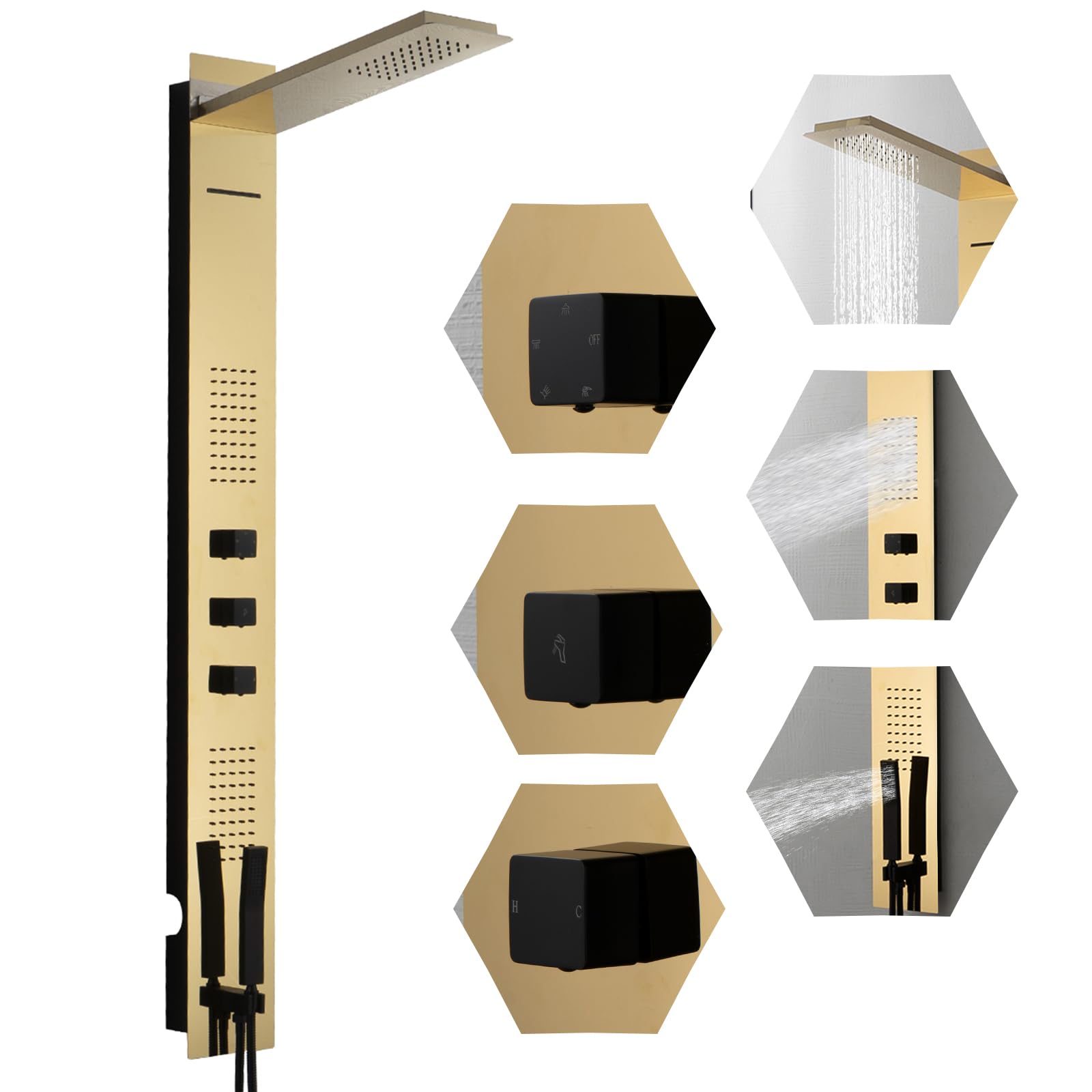 Premium Polished Gold Shower Panel Tower System - Multi-Function Shower System with Body Jets, Handheld Sprayer, Rainfall Shower Head & Waterfall Outlet - Stainless Steel Wall Mount for Luxury Bathroom & Spa Experience - Perfect for Modern Home, Hotel & Relaxation Spaces