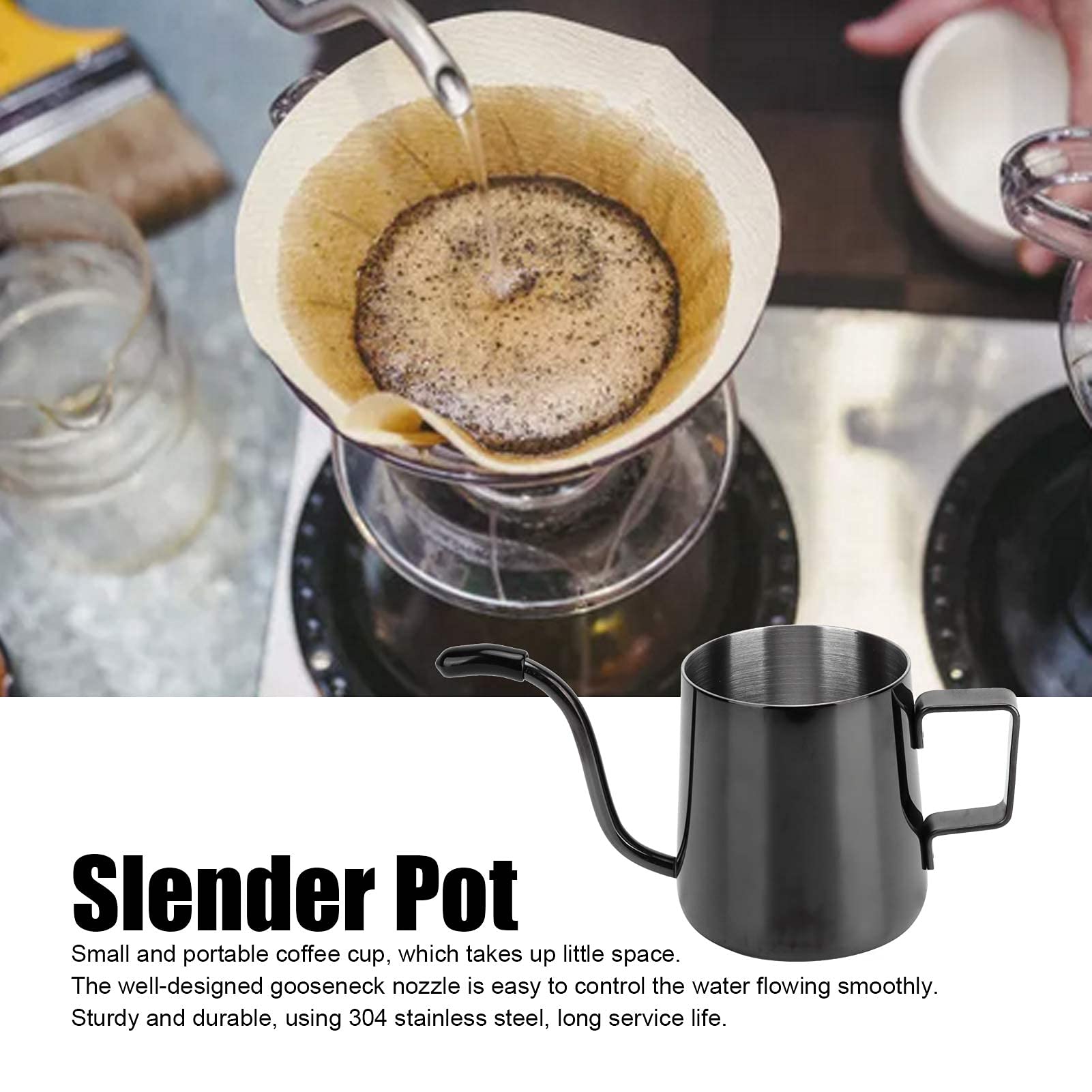 Premium 240ml Stainless Steel Coffee Kettle - 304 Food-Grade Slender Pour Over Pot with Black & Gold Finish for Home, Restaurant & Bar Use - Perfect for Pour Over Coffee, Tea Brewing & Kitchen Decor