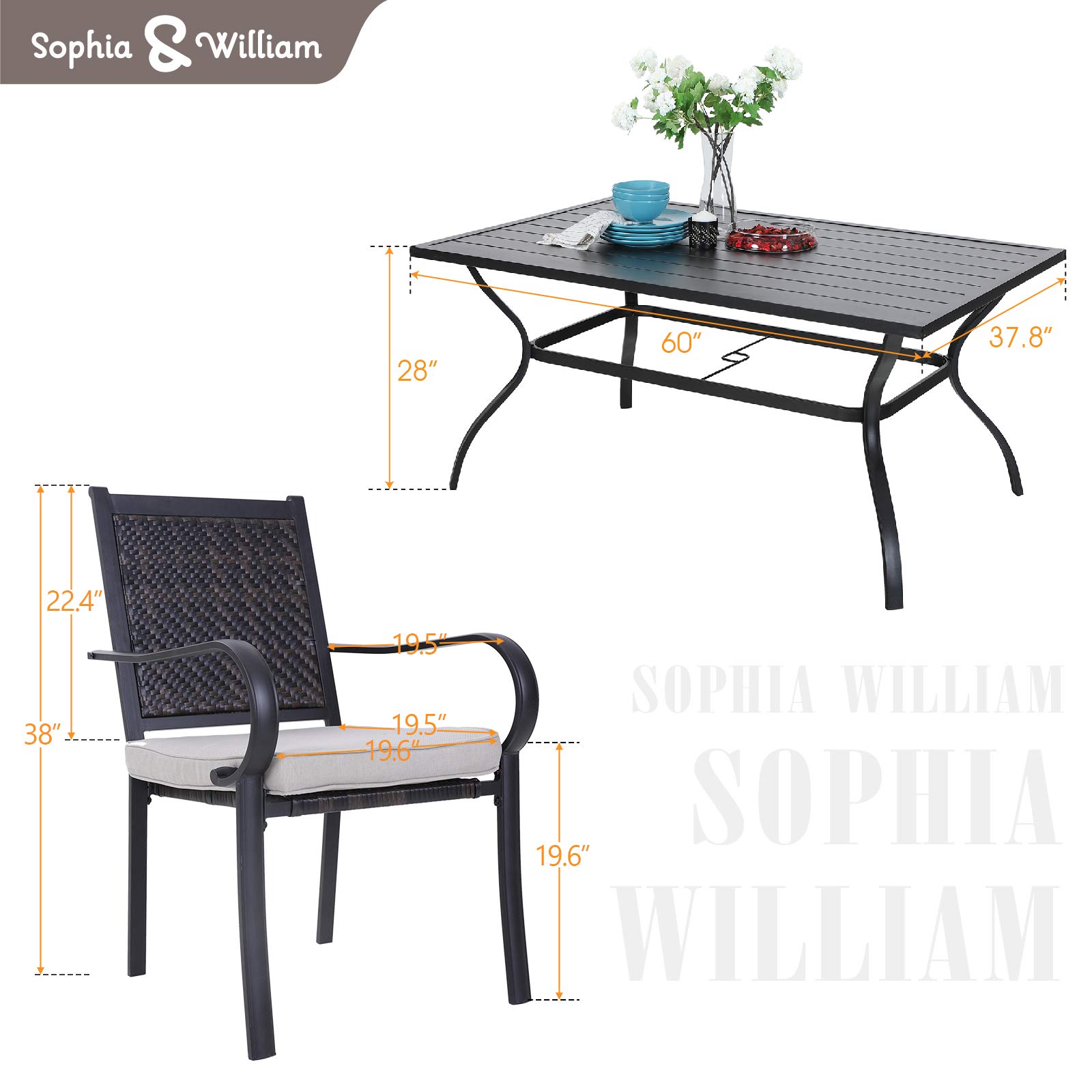 Sophia & William 7-Piece Outdoor Wicker Dining Set - Weather-Resistant Rattan Patio Furniture with Metal Umbrella Table & 6 Cushioned Chairs - Perfect for Garden, Backyard, Poolside & Outdoor Entertaining