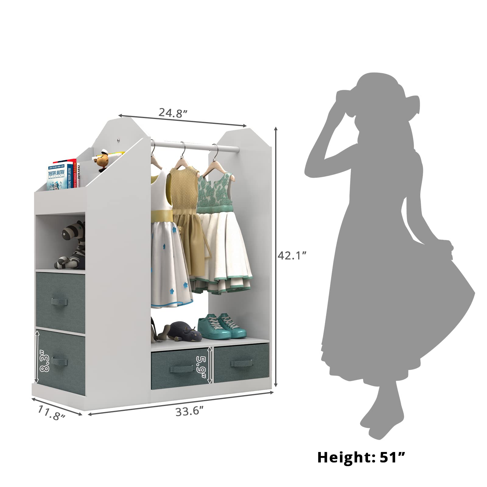 Kids Costume Organizer & Dress Up Storage Rack with Mirror & Storage Bin - Open Hanging Play Armoire Dresser for Pretend Play & Toy Organization - Perfect for Bedroom, Playroom & Daycare Storage Solutions
