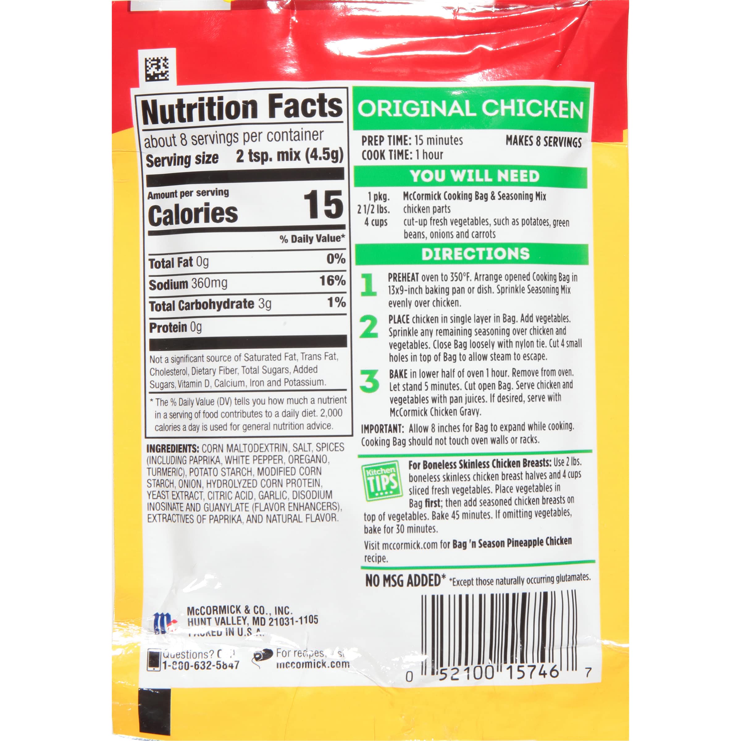 McCormick Bag 'n Season Original Chicken Cooking Bag & Seasoning Mix, 1.25 oz (Pack of 6) - Easy Oven-Baked Chicken Meal Solution for Busy Families & Quick Dinner Ideas