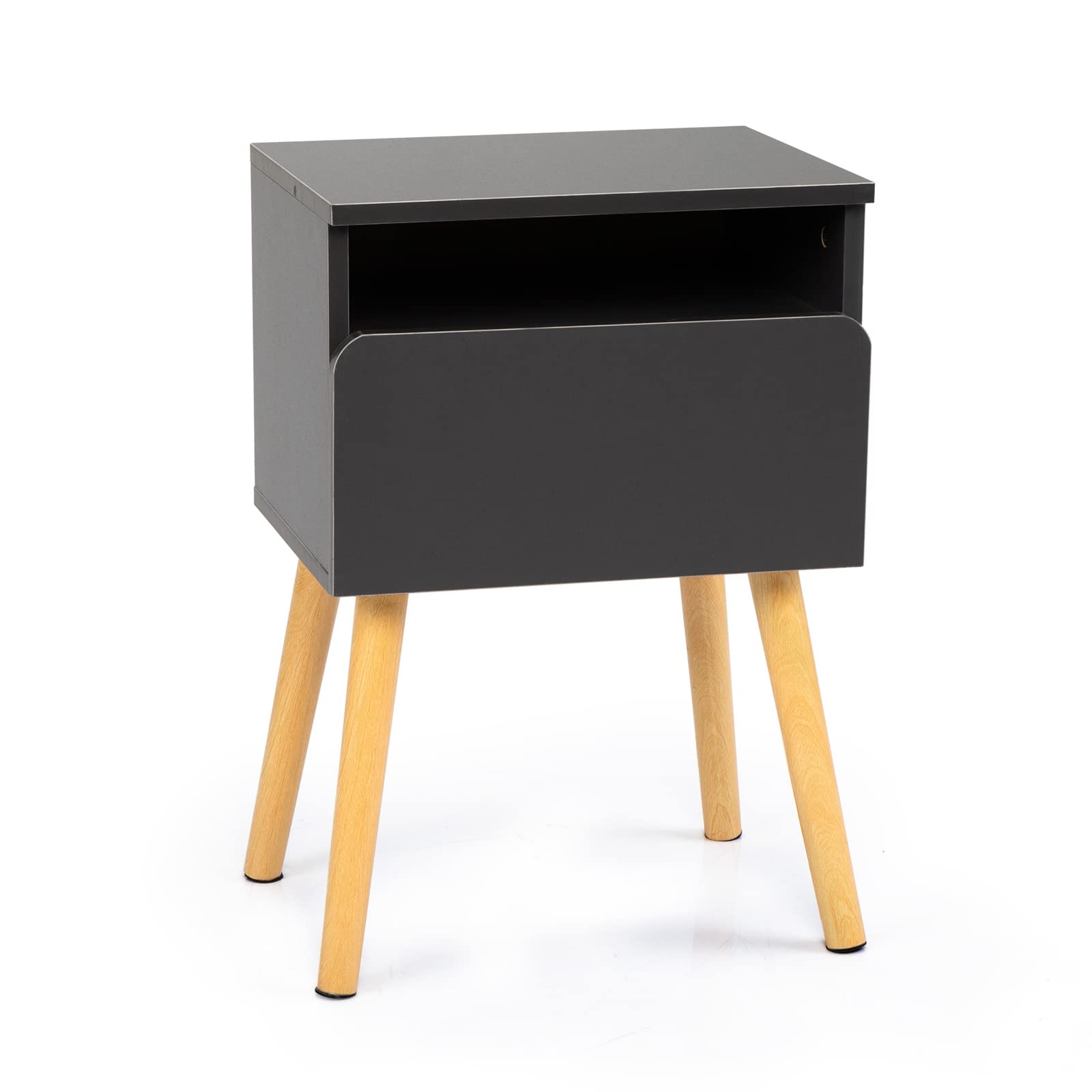 Modern Grey Wood Nightstand with Drawer & Open Shelf - Solid Wood End Table for Bedroom, Living Room & Sofa Side | Perfect for Small Spaces, Apartment Decor & Guest Room Furniture