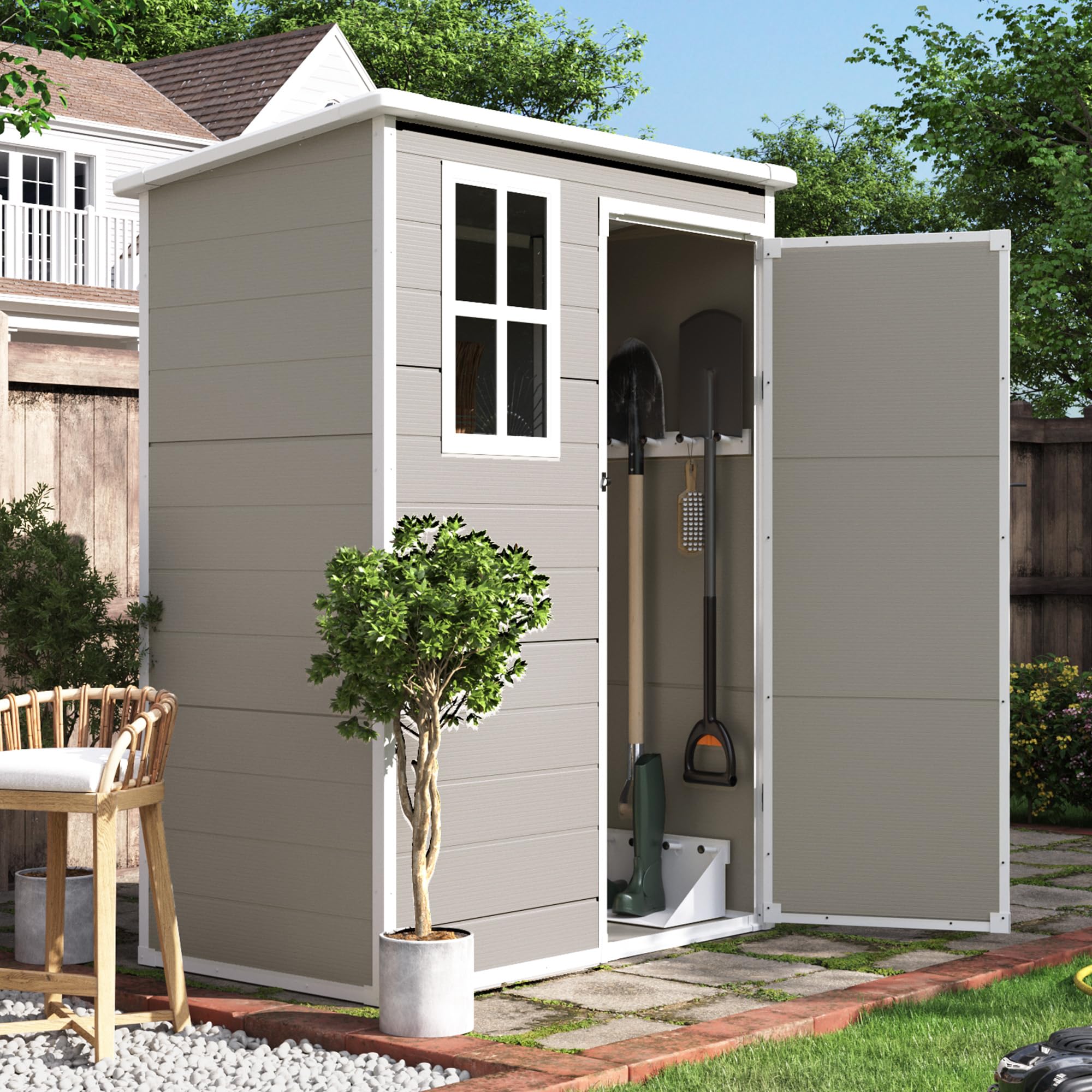 5x3 FT Outdoor Storage Shed - Durable Plastic Resin Garden Shed with Lockable Door for Bike, Garbage Can & Tool Storage | Perfect for Backyard, Patio & Lawn Organization (Light Brown)