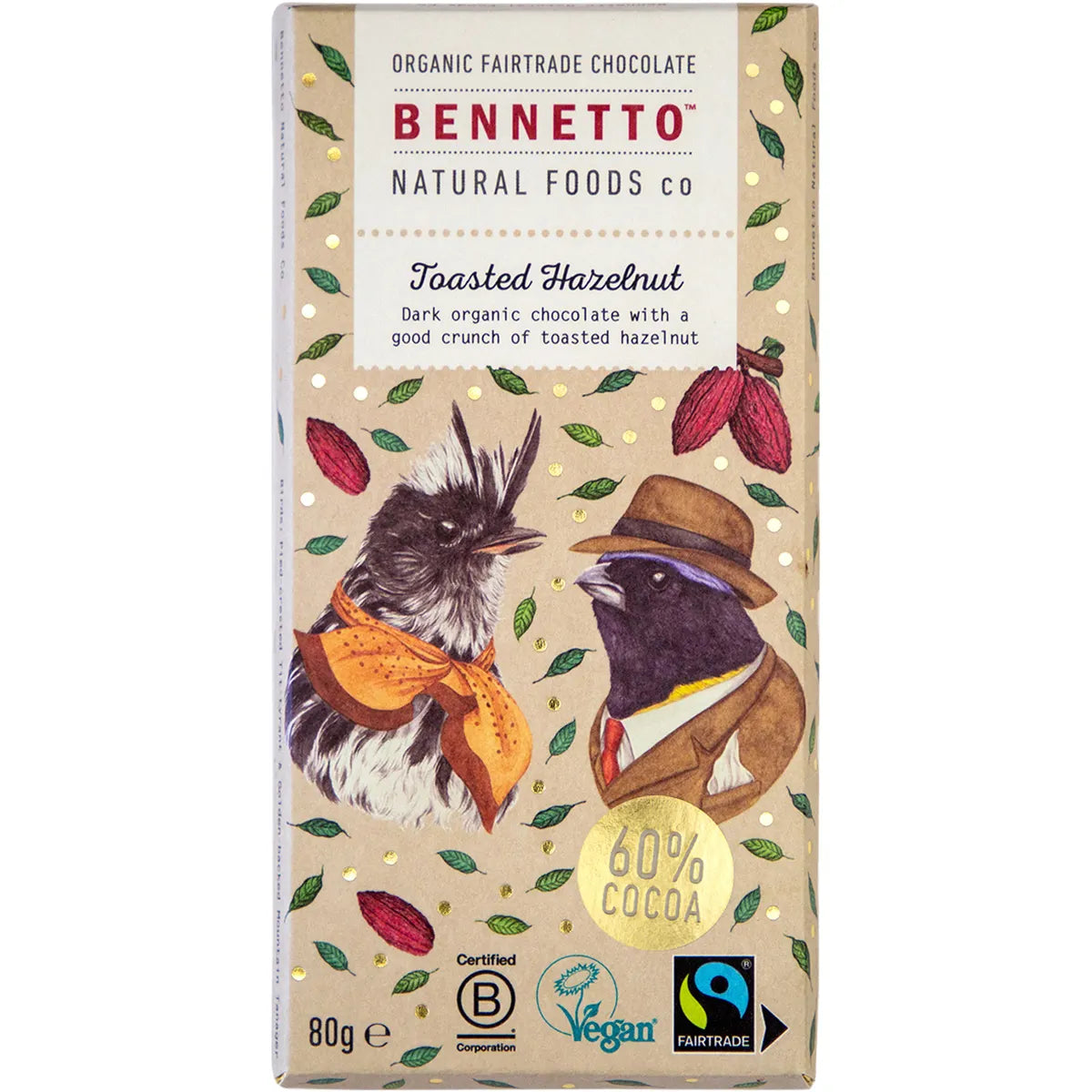 Organic Bennetto Toasted Hazelnut Dark Chocolate Bar 80g - Premium Vegan Snack for Gifts, Desserts & Healthy Treats