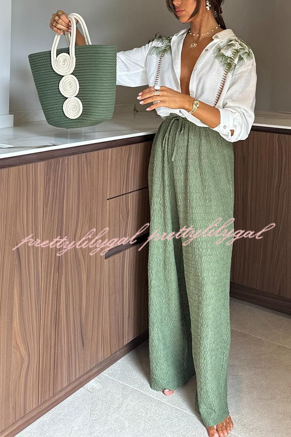 Stylish Tropical Print Linen Blend Blouse & Elastic Waist Pants Set with Pockets - Perfect for Beach Vacations, Summer Outings and Boho Fashion