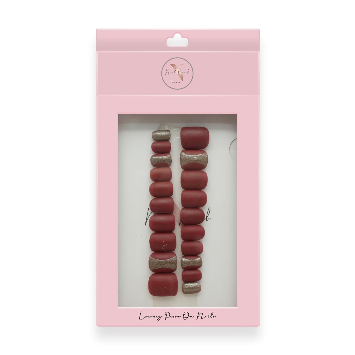 Premium Fake Press-On Nails - Red Gold Set of 20 | Reusable Full Coverage Artificial Nails with UV Gel Polish Coating | Easy to Apply Stick-On Nail Extensions for Both Hands | Perfect for Parties, Weddings, Date Nights & Everyday Wear