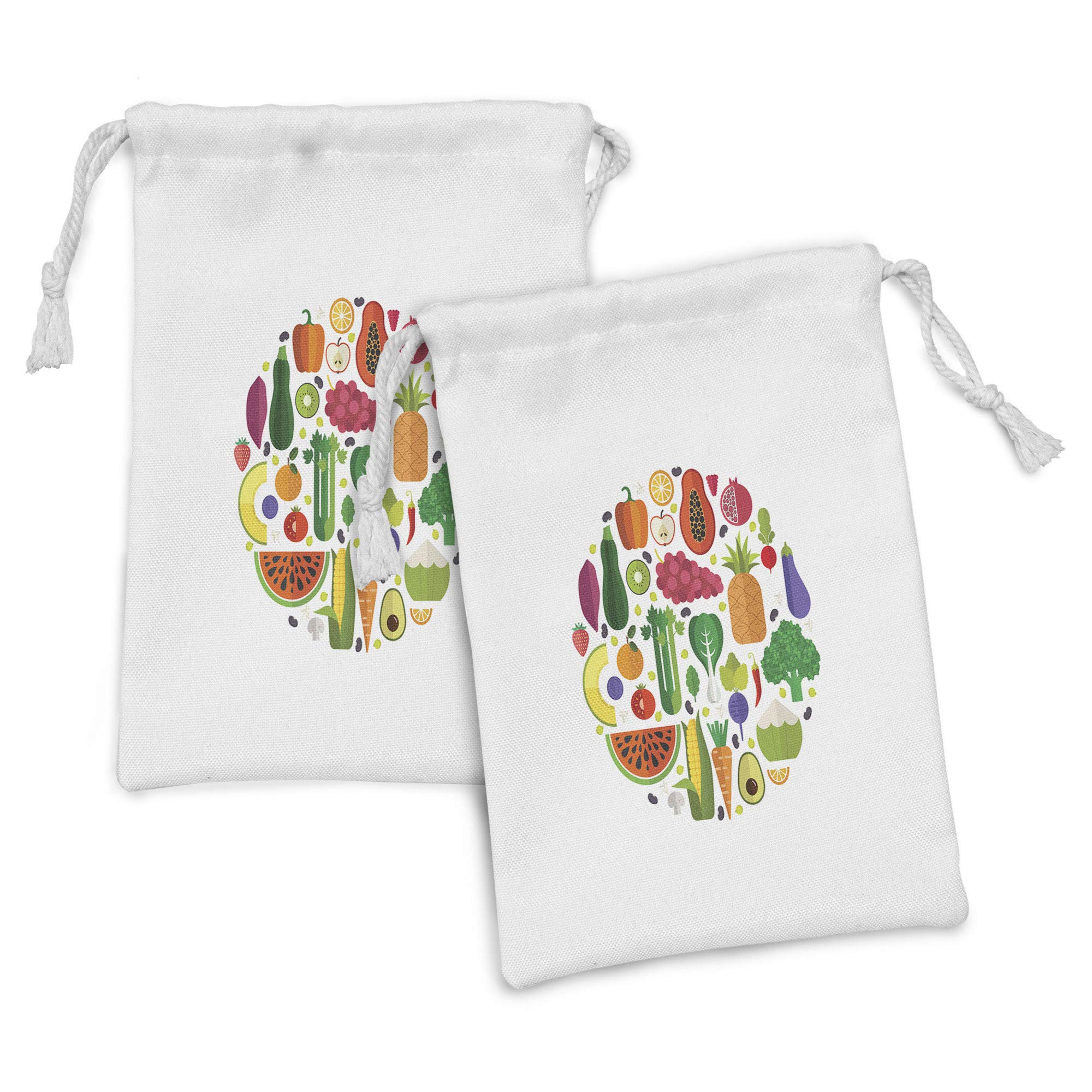 Ambesonne 2-Pack Vegetable Print Fabric Pouches | Colorful Circle Food Themed Drawstring Bags (9